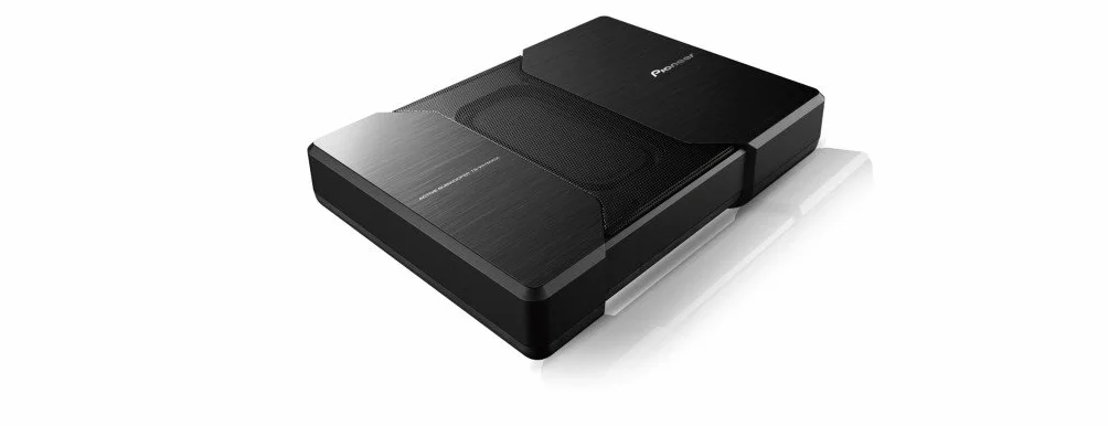 Pioneer TS-WH500A aktywny subwoofer, kompaktowy subwoofer z technologią HVT (150 W), wbudowany wzmacniacz MOSFET, aluminiowa obudowa, czarny, 340 x 60 x 250 mm