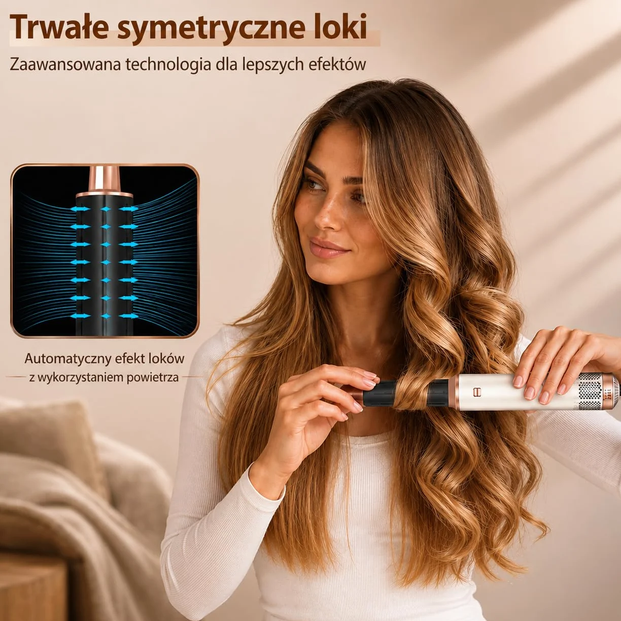 Golden Goods Airstyler Lokówka 5 w 1 - Szczotka do loków - Wielofunkcyjna suszarka do włosów z 5 nasadkami - Prostownica 1000 W - edycja sandstone