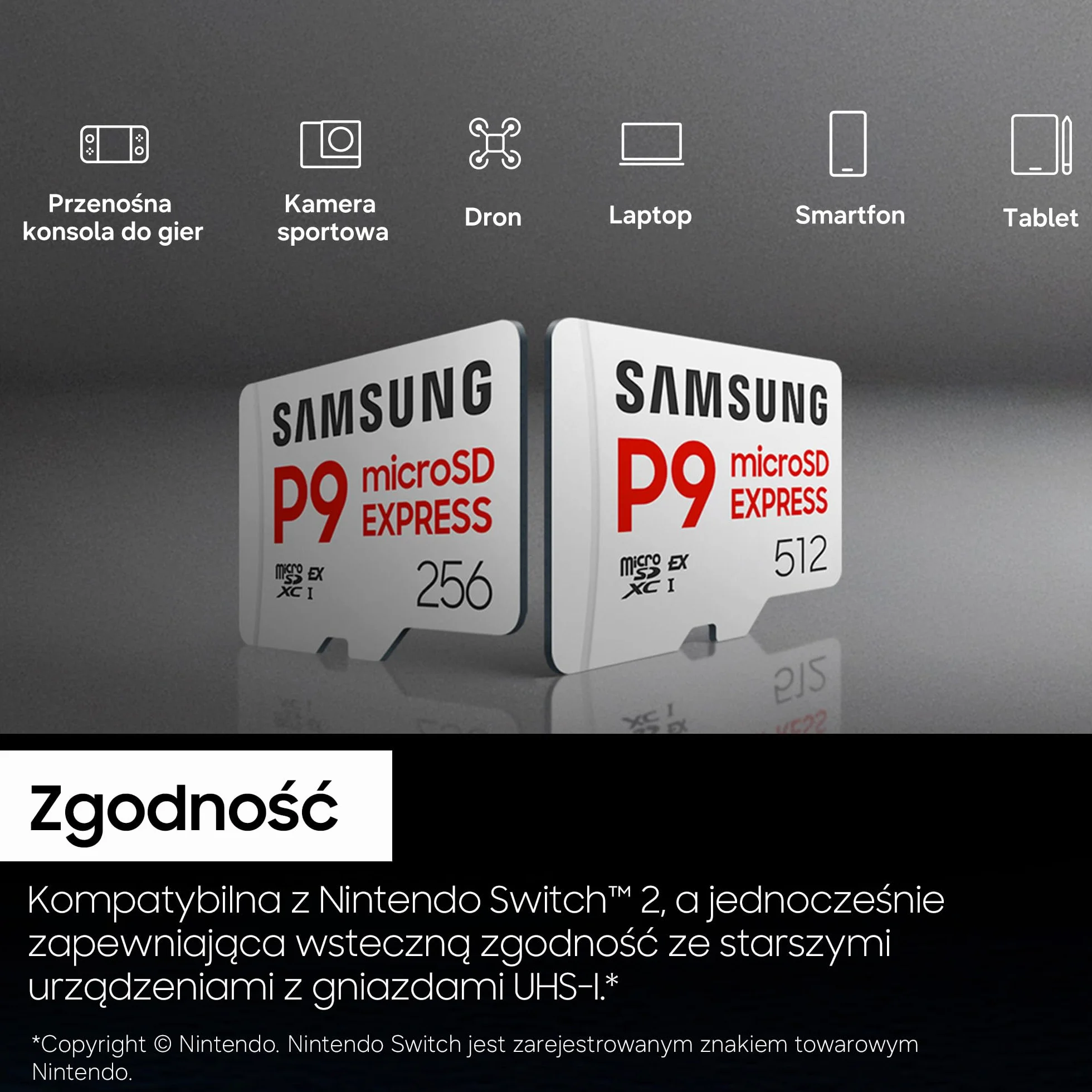 Karta microSD Express Samsung P9 Express, 512 GB, karta pamięci do Nintendo Switch 2, 4K UHD, prędkość odczytu 800 MB/s, MB-MK512T/WW