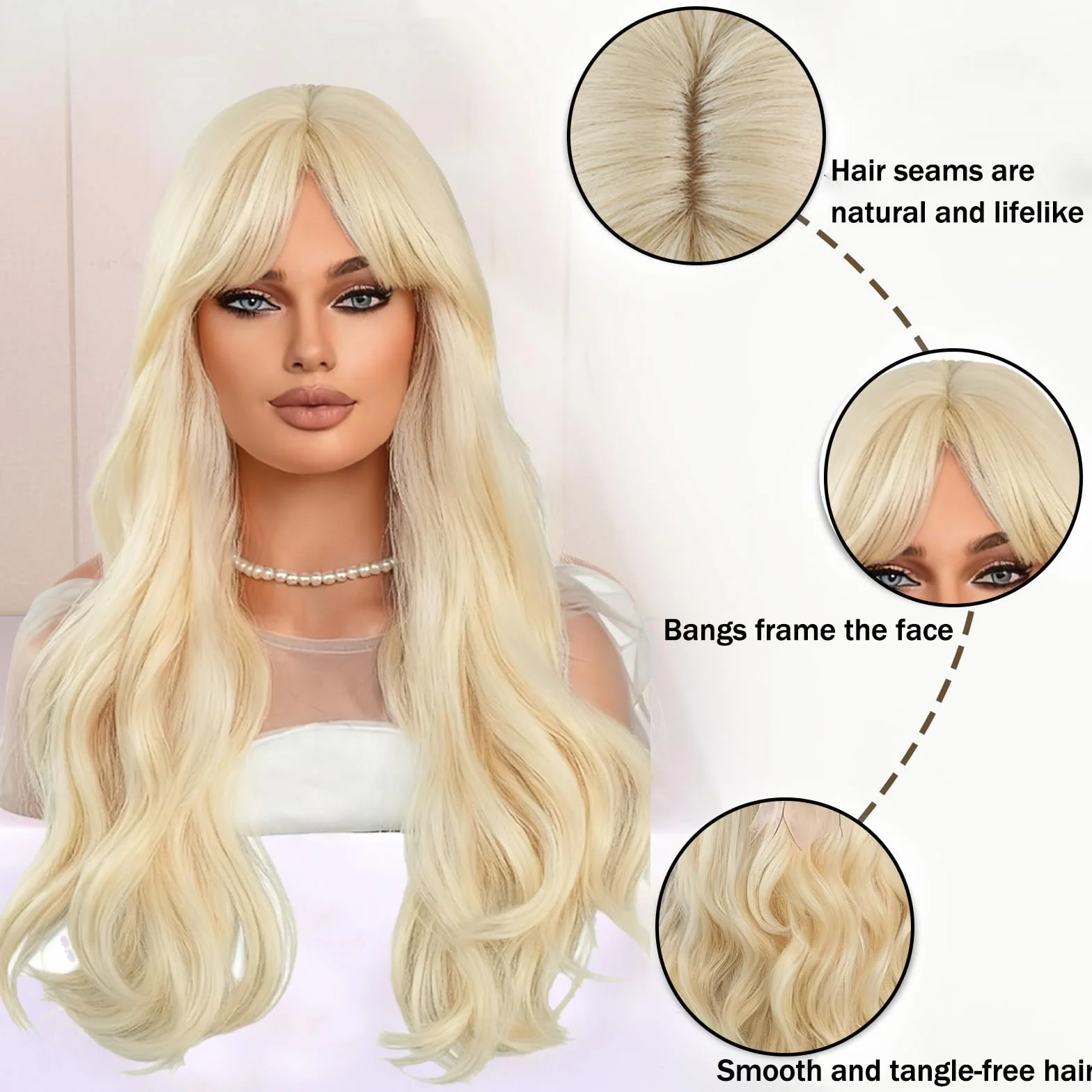 Długa blond falowana peruka dla kobiet i kobiet, kręcone, syntetyczne włosy, peruka do cosplay, długie, falowane, kręcone włosy, kończy się z grzywką, dla kobiet, na imprezę, pełne peruki, na