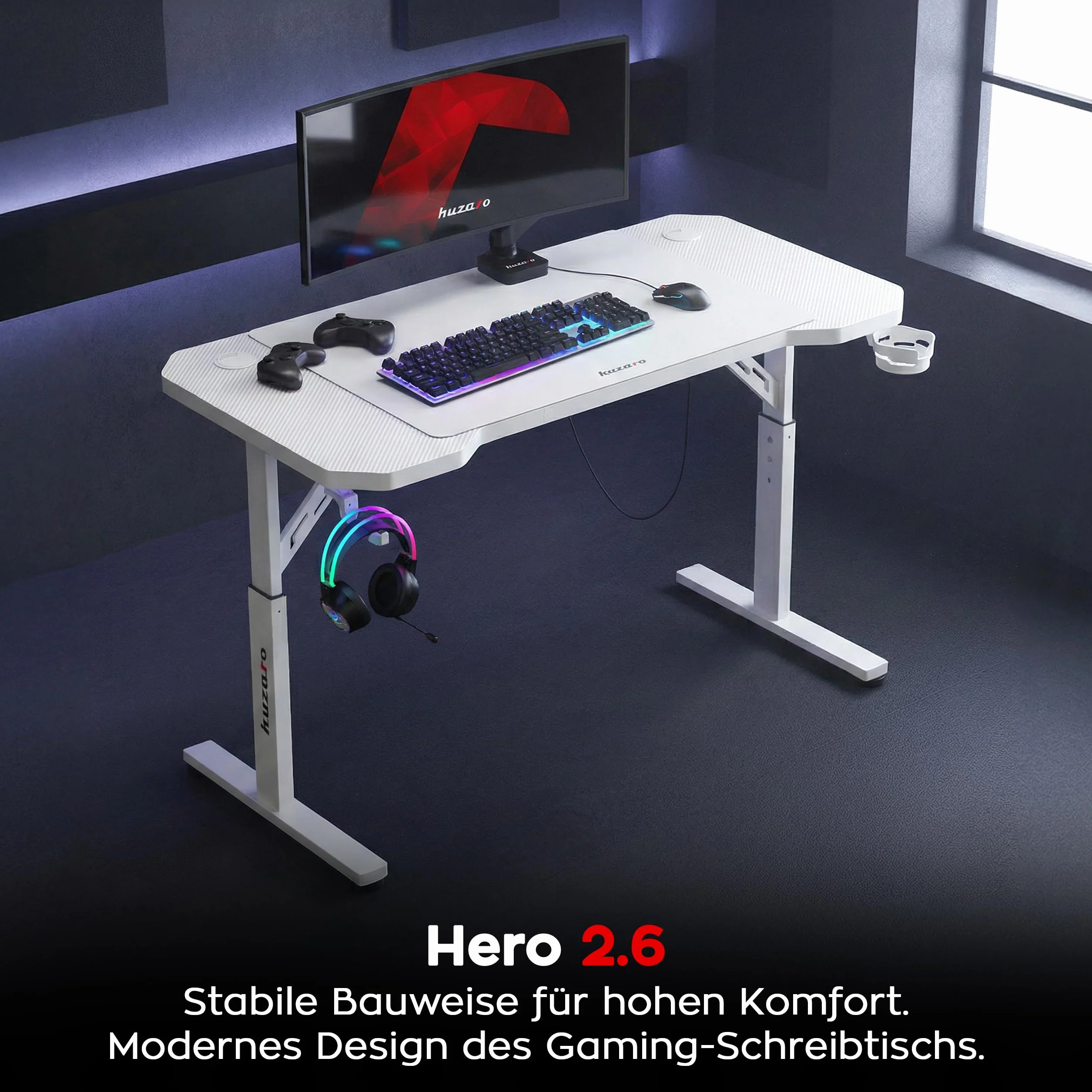 huzaro Hero 2.6 | biurko do gier komputerowych, solidna konstrukcja, ergonomiczna konstrukcja, karbonowa taca, 120 x 60 cm, haczyk na słuchawki, uchwyt na kubek, regulacja 3 wysokości, pasek na kable