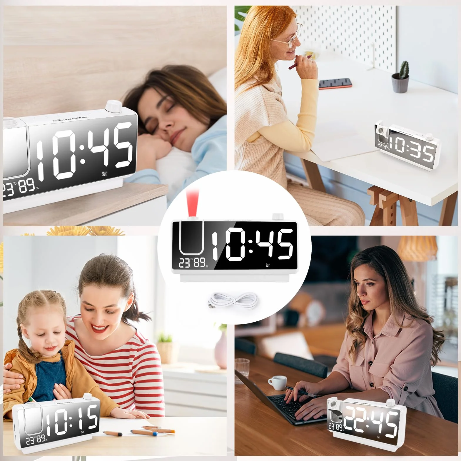 Budzik Cyfrowy z Projekcją LED 3 Poziomy Jasności USB 180° Temperatura Wilgotność 12/24H Biały