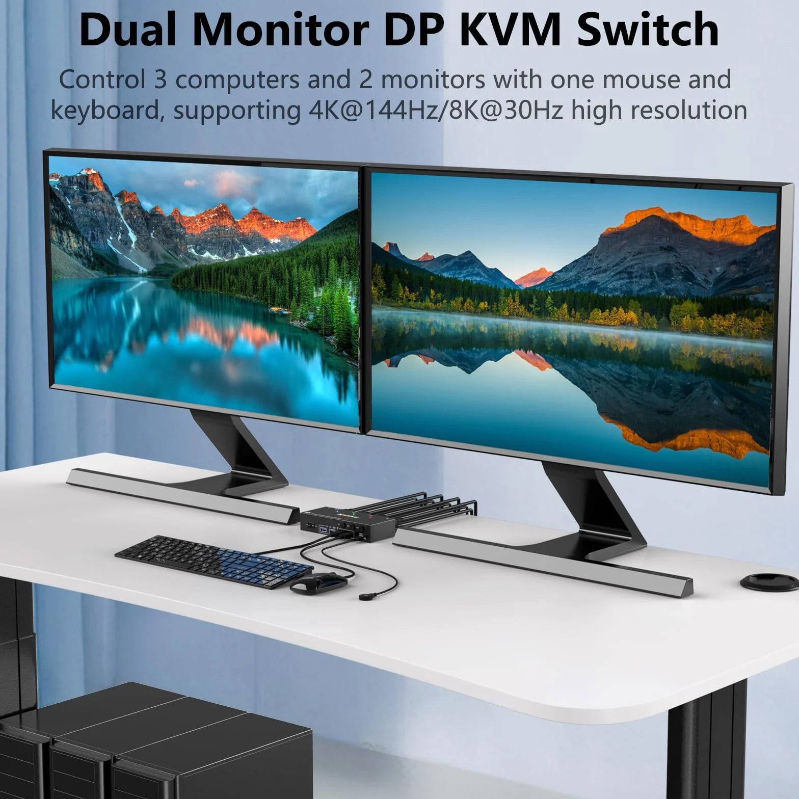 Przełącznik KVM 8K 30 Hz 3 komputery, 2 monitory, 4K @ 144 Hz Displayport KVM Switch 3 PC dzielą 2 monitory i 4 urządzenia USB 3.0, w tym przewodowy pilot zdalnego sterowania, zasilacz sieciowy i
