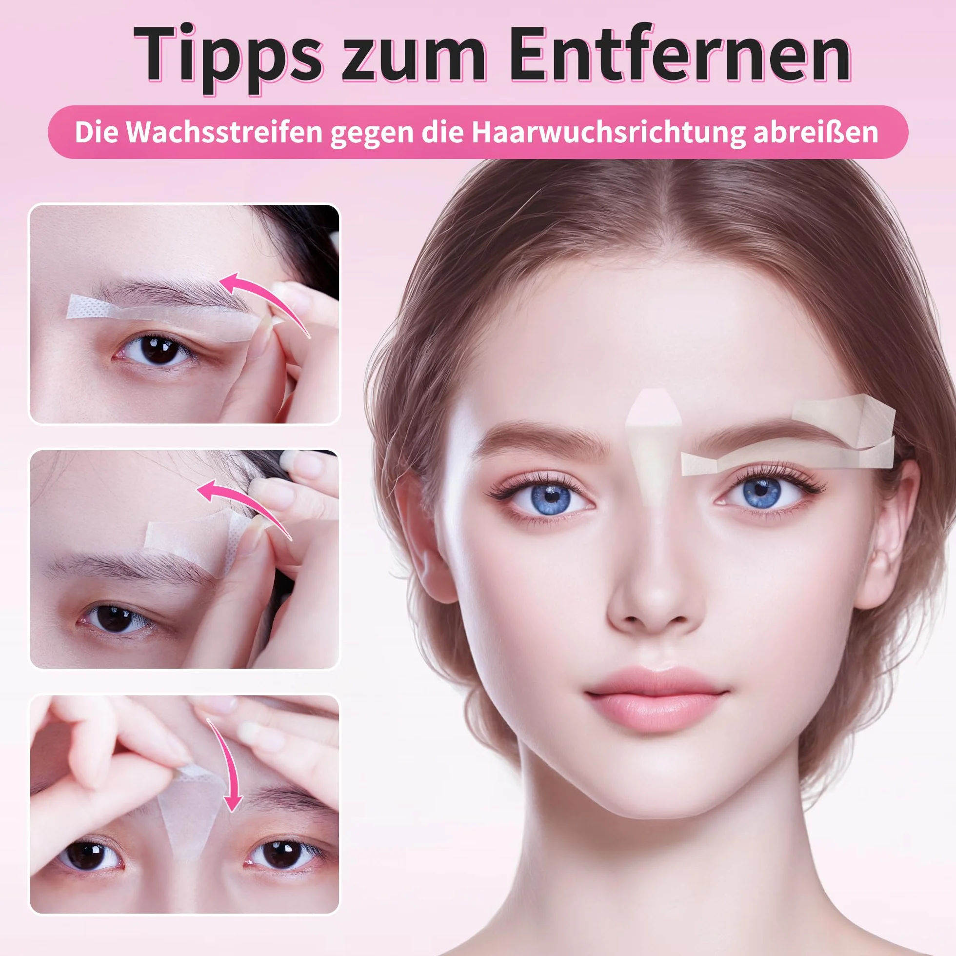 Beauty7 Wstępnie przycięte wstążki woskowe do brwi, 24 szt., pasek, czyste z 4 ściereczkami do czyszczenia oleju, bezboleśnie