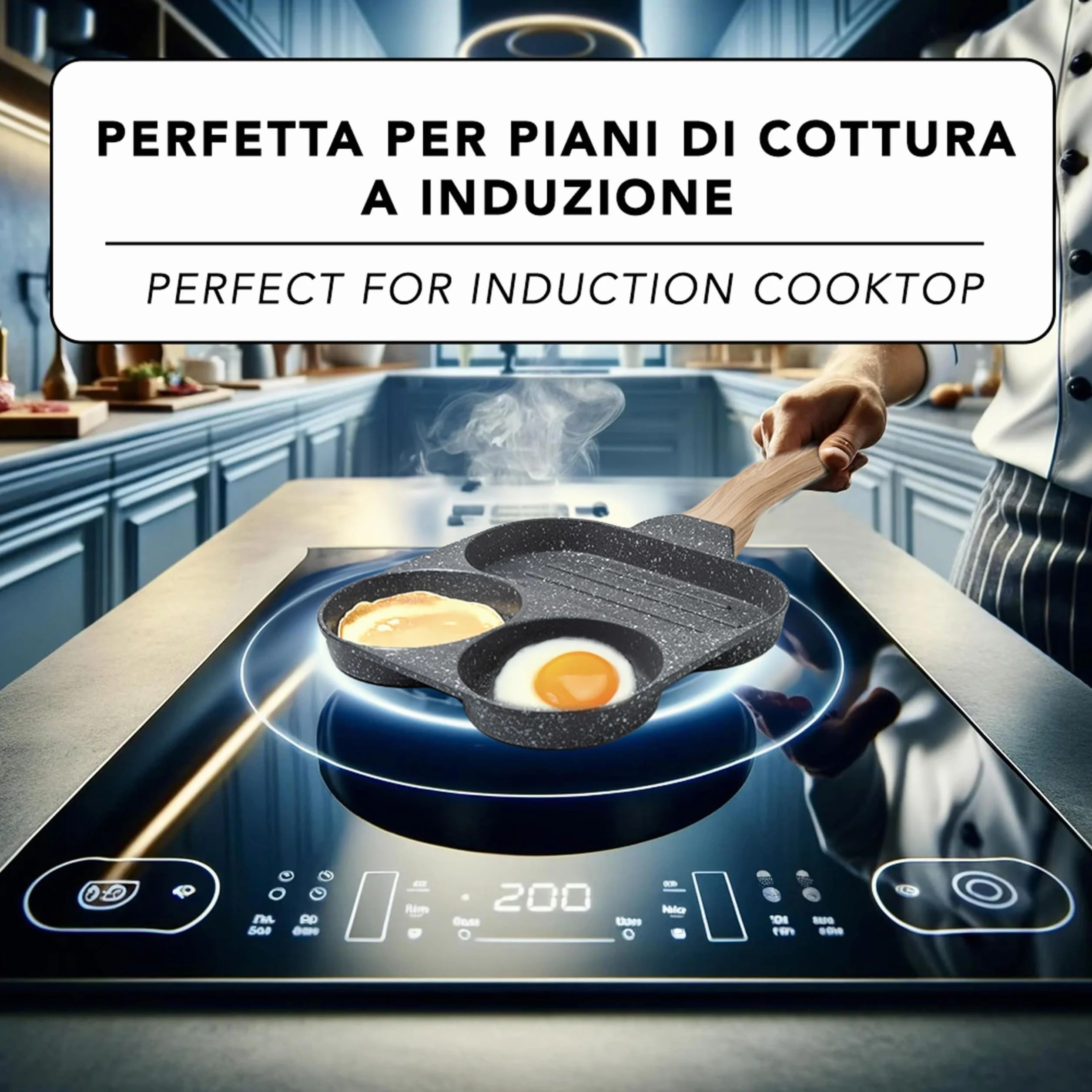 IPEA Nieprzywierająca patelnia do naleśników do indukcji i gazu – 21 cm, aluminiowa patelnia antyadhezyjna, do omletów, naleśników, jaj, hamburgerów, patelni z 4 formami - Super wygodny uchwyt