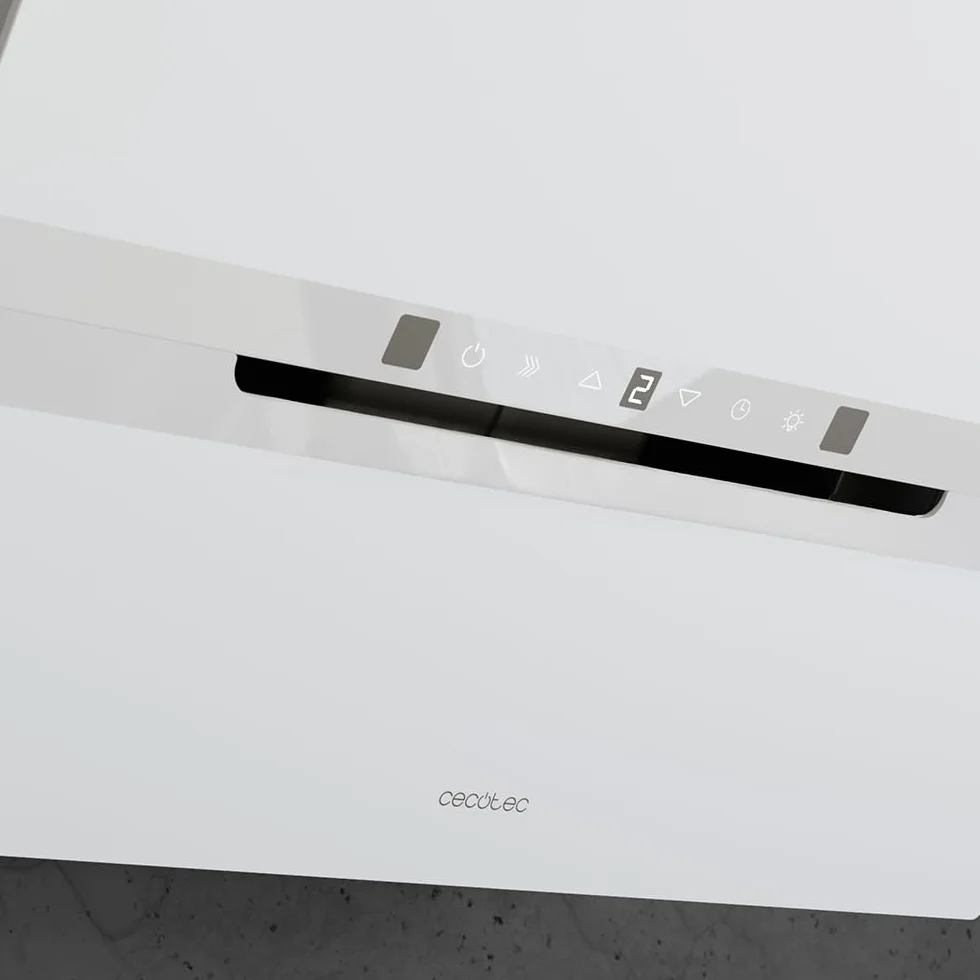 Cecotec Okap próżniowy 60 cm szkło hartowane. Bolero Flux DT 608010 szkło białe A++ 210 W, okap 60 cm, szkło białe, przepływ powietrza 800 m3/h, A++, elektroniczny, LED, węgiel Ø176, aluminium 5