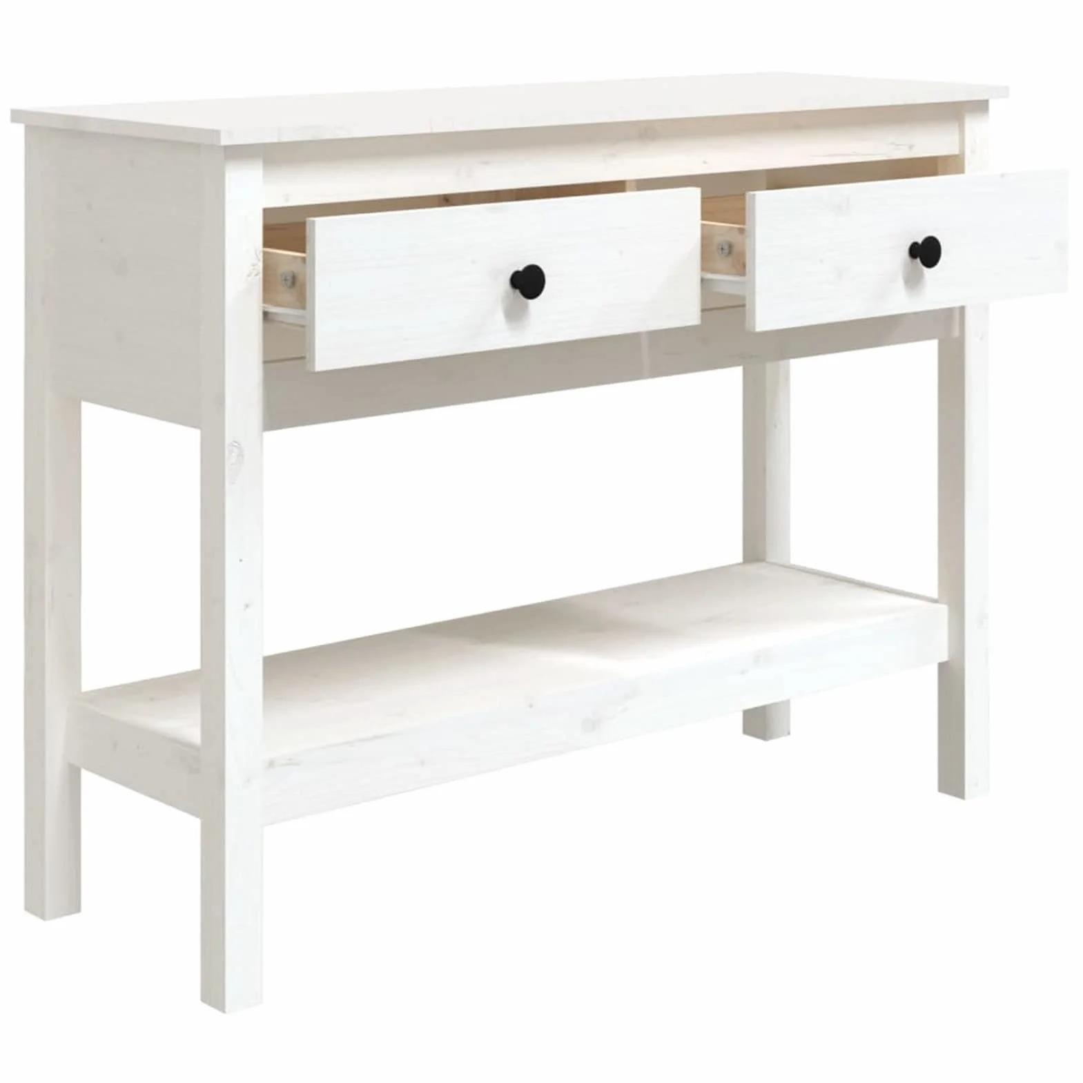 Stół konsolowy, biały, 100 x 35 x 75 cm, sosna z litego drewna, stolik konsolowy do przedpokoju, wąski stół wejściowy z szufladą i półkami do przechowywania, stolik na sofę do małych przestrzeni