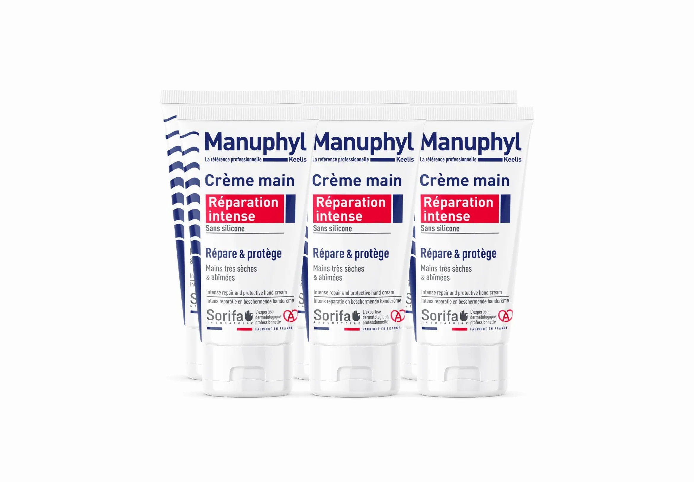 Zestaw 6 Manuphyl Intensywna naprawa Krem do rąk - Naprawia i chroni - Bardzo suche i zniszczone dłonie - Niskotłuszczowy, lekko pachnący, wzbogacony o glicerynę i białko pszenicy - Tuba 50 ml