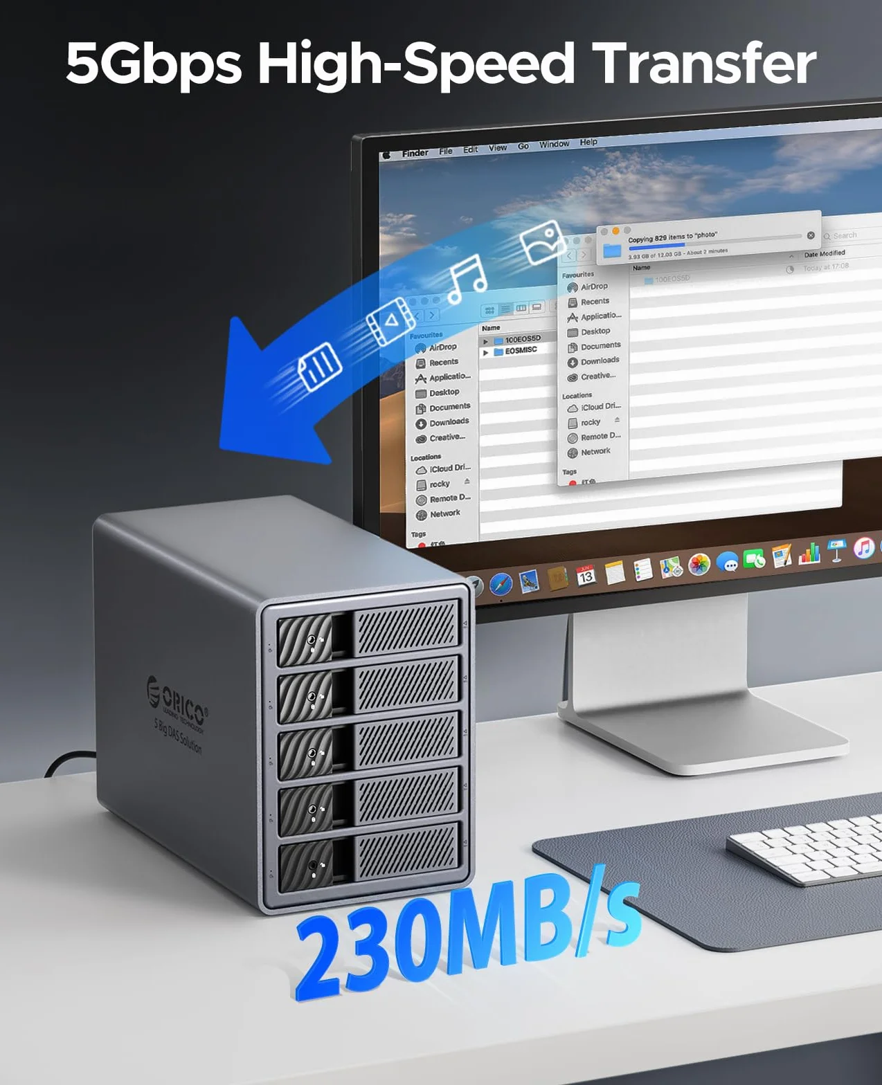 ORICO Aluminiowa Obudowa na Dyski Twarde dla 5 Dysków, Stacja Dokująca USB 3.0 dla Dysków 3.5 Cala do 22 TB Kompatybilna z MacOS i Windows (9858U3)