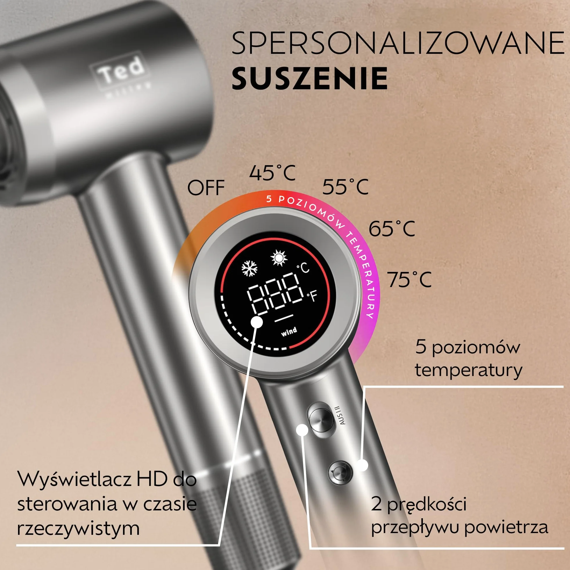 Ionic Fohn suszarka do włosów - 5 x szybsze suszenie - bez kłaczków, błyszcząca, większa objętość - wyświetlacz - 10 trybów - koncentrator magnetyczny [Best Fohn 2026] (Hair Dryer without Diffuser
