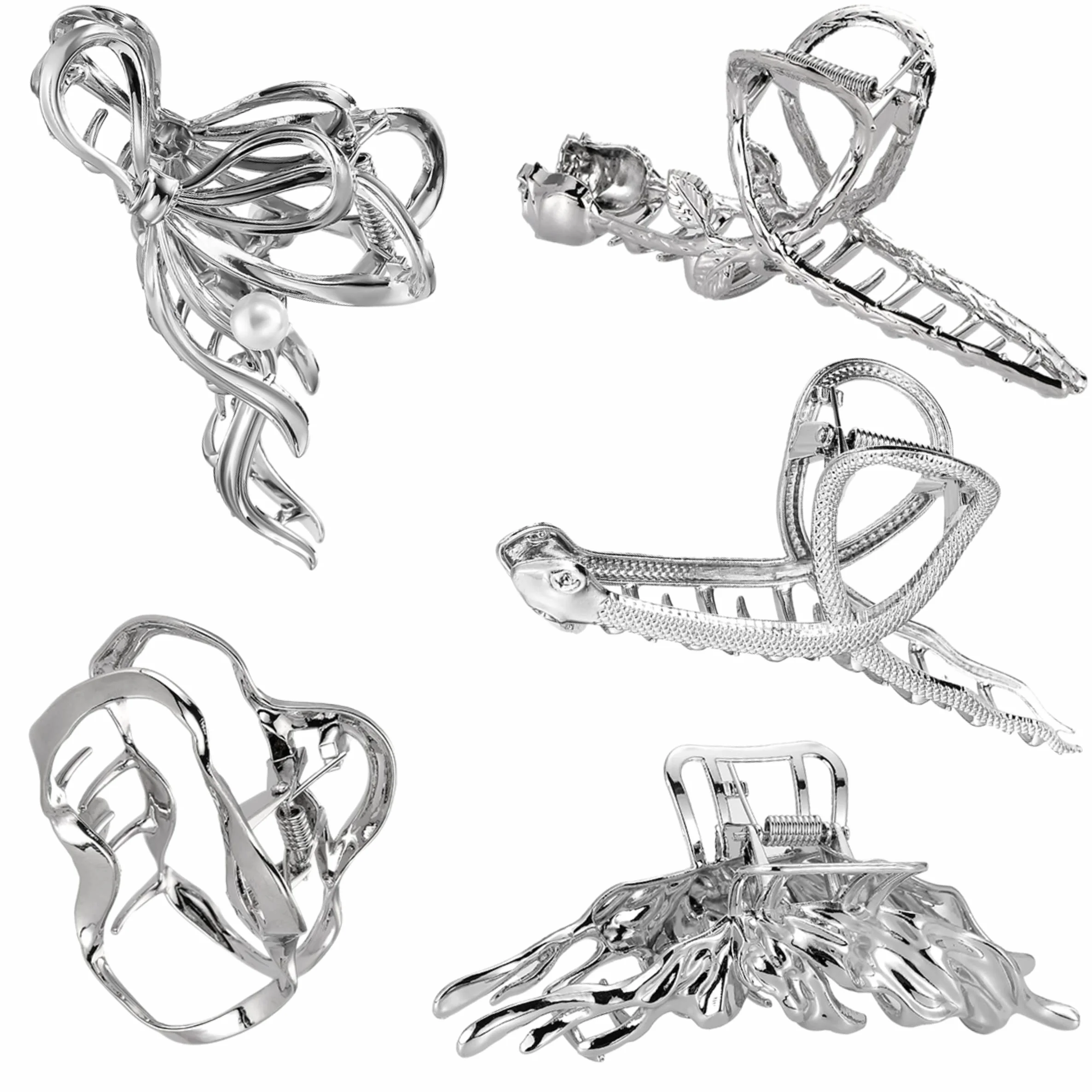 Duże spinki do włosów, srebrne, zestaw metalowych spinek do włosów, dla kobiet, dużych spinek do włosów, akcesoria do włosów dla kobiet i dziewcząt (5 sztuk)