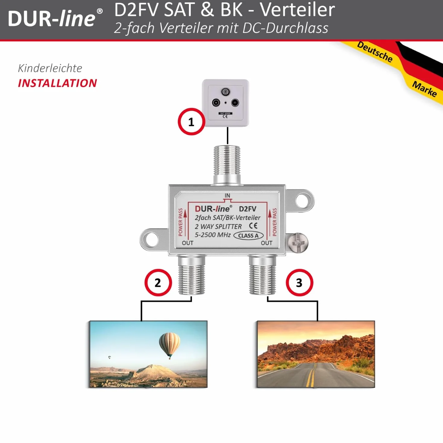 DUR-Line D2FV Rozdzielacz Sat/Bk 2-Drożny Splitter W Pełni Ekranowany Kompatybilny Z Unicable i HD Do Instalacji Satelitarnych Radio Telewizji