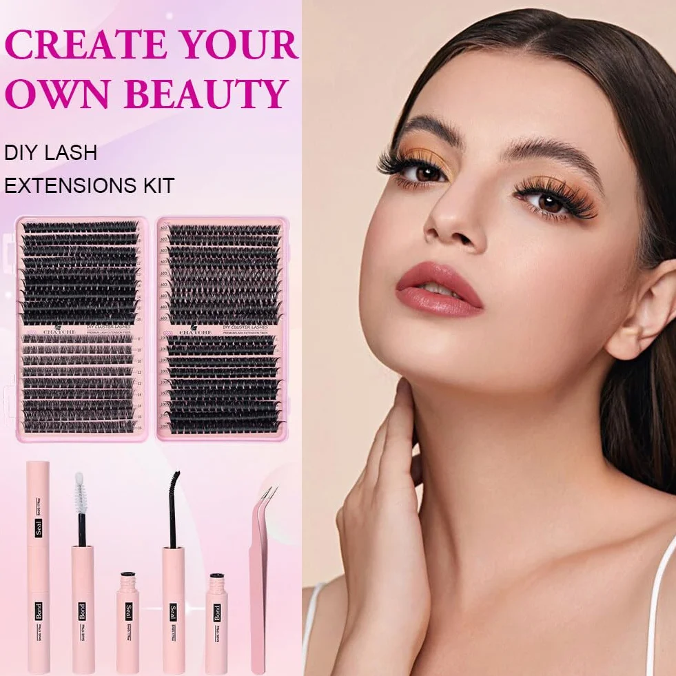 Aomig Zestaw do przedłużania rzęs, 722 szt., "zrób to sam", Cluster Lashes 8-16 mm, przyjazny dla środowiska materiał z efektem kociego oka, pęseta, klej, łącznie z rzęsami, naturalny wygląd, na co