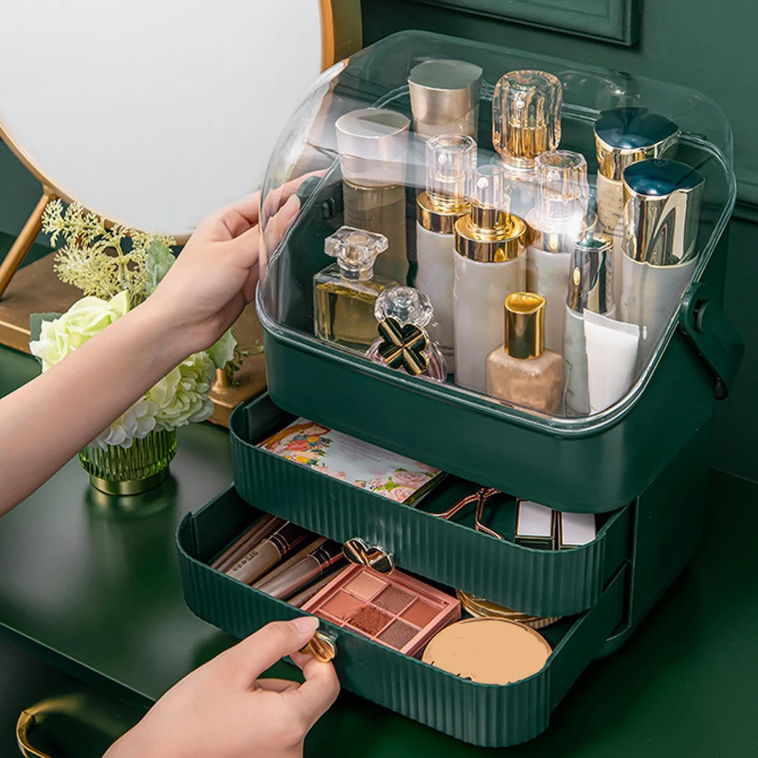 Organizer Na Blat Do Makijażu Półka Biurkowa Do Pędzli Biżuterii Perfum | Organizer Na Kosmetyki Z Przezroczystą, Wodoszczelną I Pyłoszczelną Pokrywą Do Zlewu Narożnika Toaletki Stołu Biura Łazien