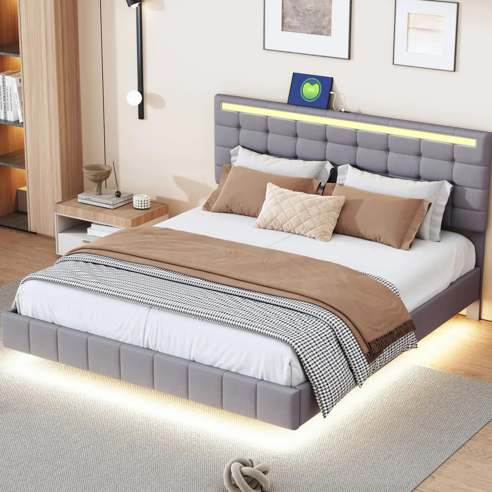Łóżko tapicerowane 160x200 cm z oświetleniem LED i USB, szare