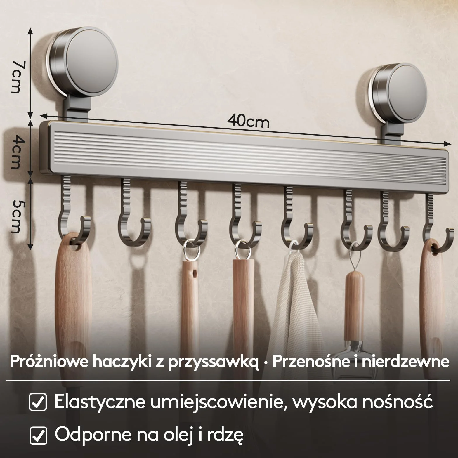 Listwa hakowa do kuchni bez wiercenia z przyssawką | 8 haków, długość 40 cm, nośność 20 kg, montaż w 1 minutę | Demontowalna nierdzewna listwa hakowa do przyborów kuchennych