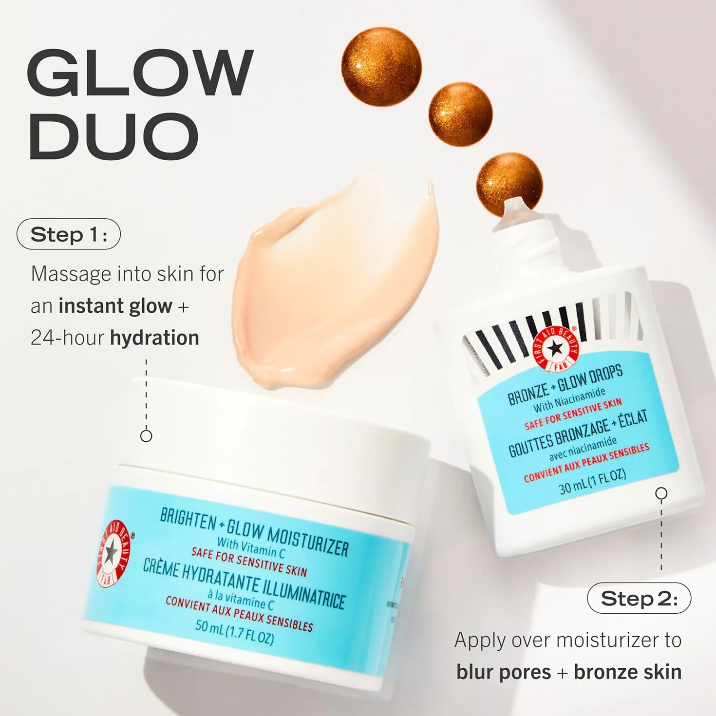 First Aid Beauty – Bronze + Glow Drops z niacynamidem, wyrównują koloryt, wygładzają pory, nawilżają 24h, brązowy efekt, niekomedogenne, dla skóry wrażliwej, 30 ml