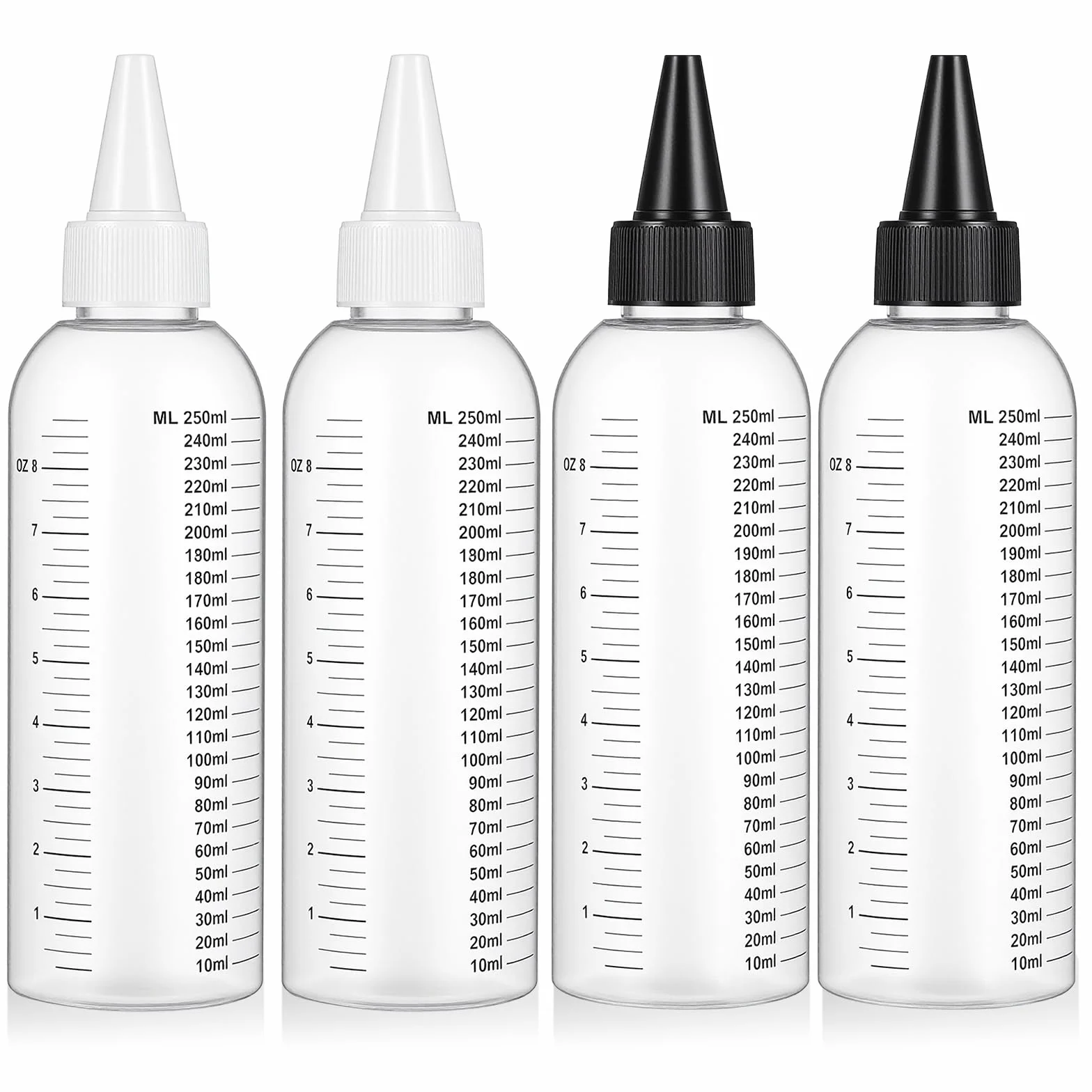 4 butelki do wyciskania 250 ml, aplikator, butelka do włosów, z tworzywa sztucznego, ze skalą i zakrętką, butelki na sosy do farbowania nasady, olejku do włosów lub przypraw, ocet