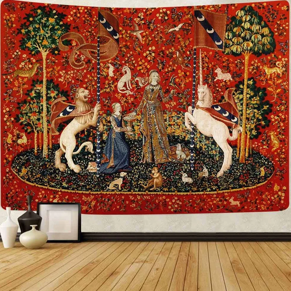 FEASRT Gobelin średniowieczny damski europejski królewski gobelin damski i jednorożec gobelin do sypialni salonu mieszkania akademika dekoracja ścienna gobeliny 203 x 152 cm GTDSAY76