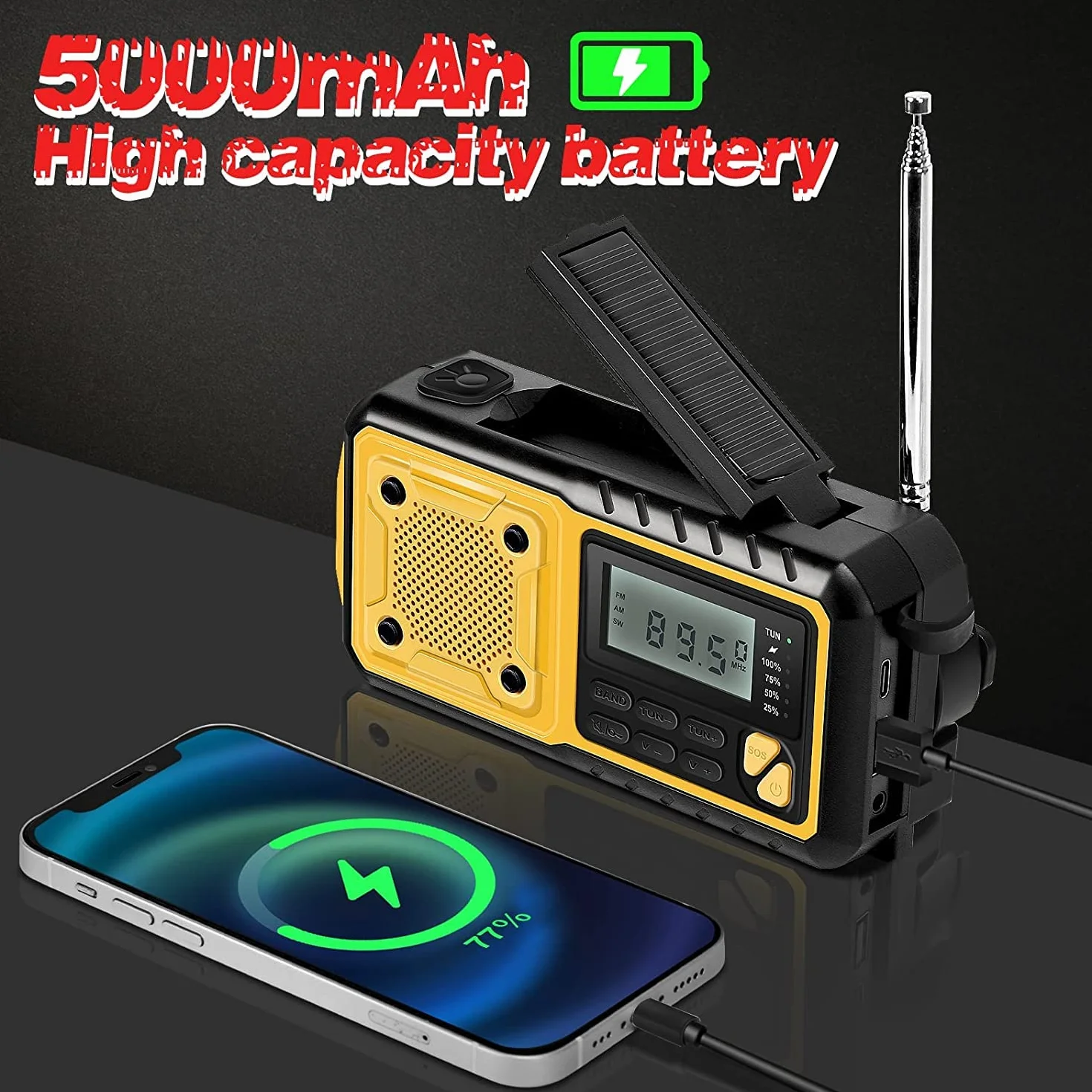 Solarne radio przenośne radio z korbą, radio AM/FM o pojemności 5000 mAh, ładowalna bateria, power bank, radio awaryjne z oświetleniem LED, alarm SOS i kompas, przyłącze do użytku zewnętrznego