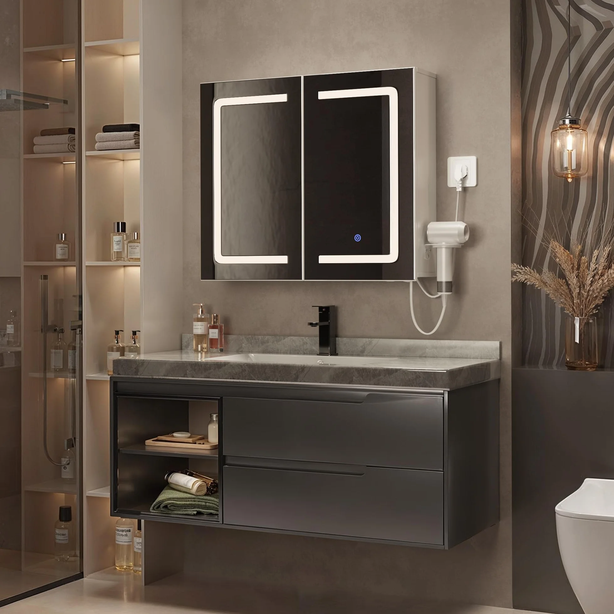 70cm Szafka łazienkowa z lustrem LED ściemnialna dotykowa z gniazdkiem MDF 80cm