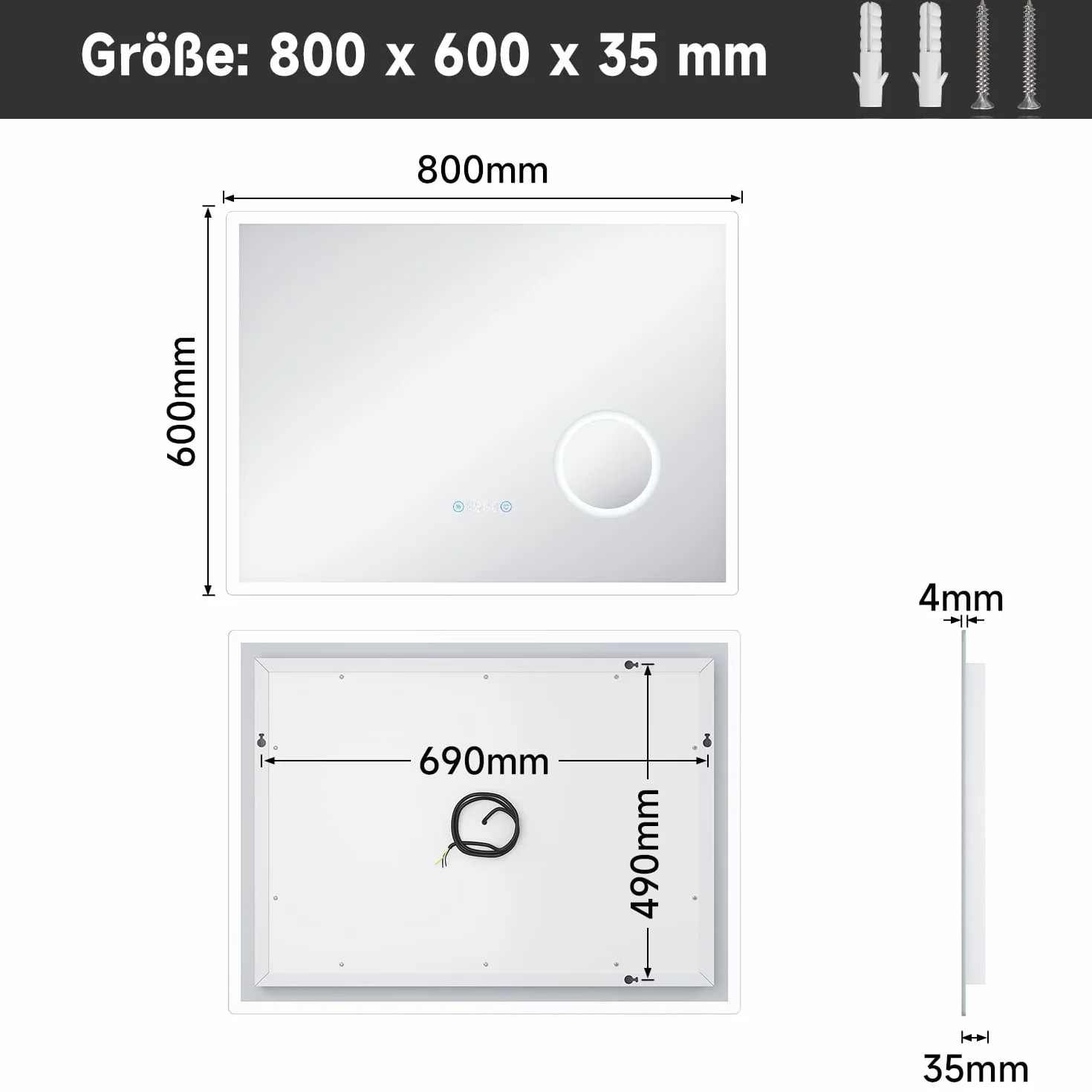 SONNI Lustro łazienkowe z oświetleniem 80x60 cm LED antyzaparowaniowe 3 regulowane kolory światła dotykowe zegar temperatura