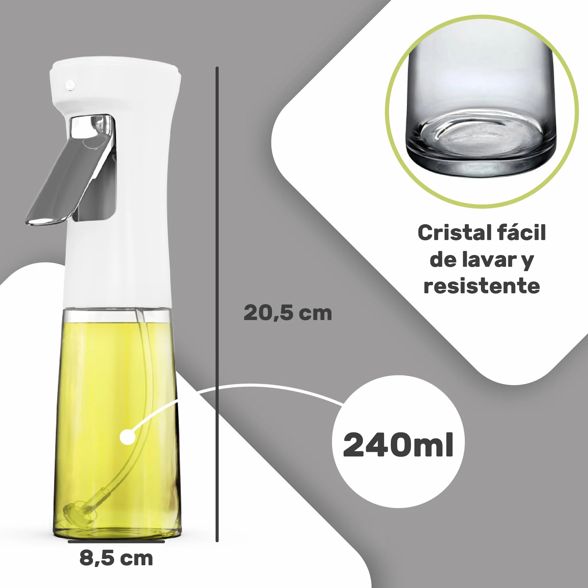 Szklany rozpylacz oleju 240 ml do kuchni, biały