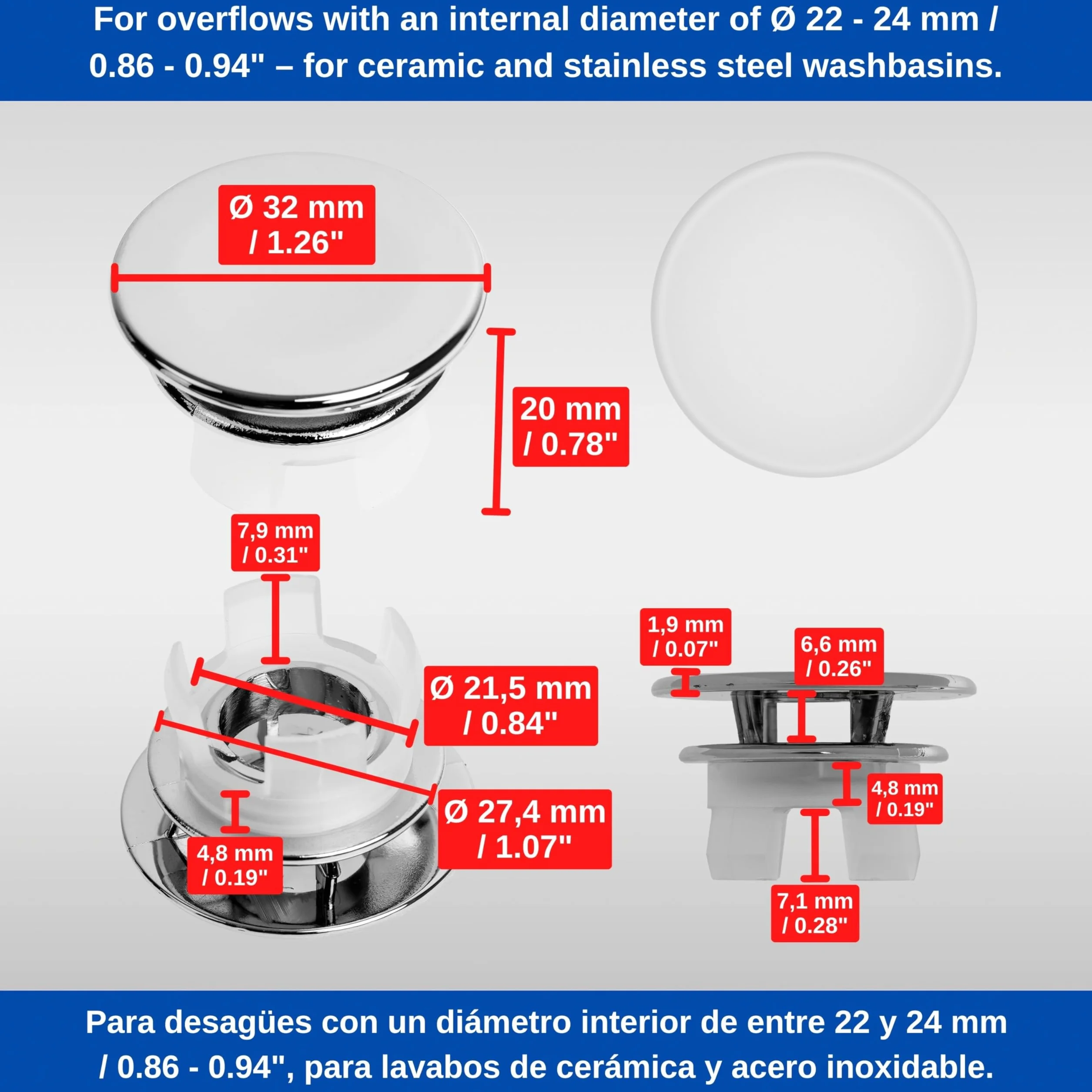 Pokrywa przelewu umywalki chromowana na wysoki połysk Ø 22-24 mm 2 szt ceramiczny korek odpływu