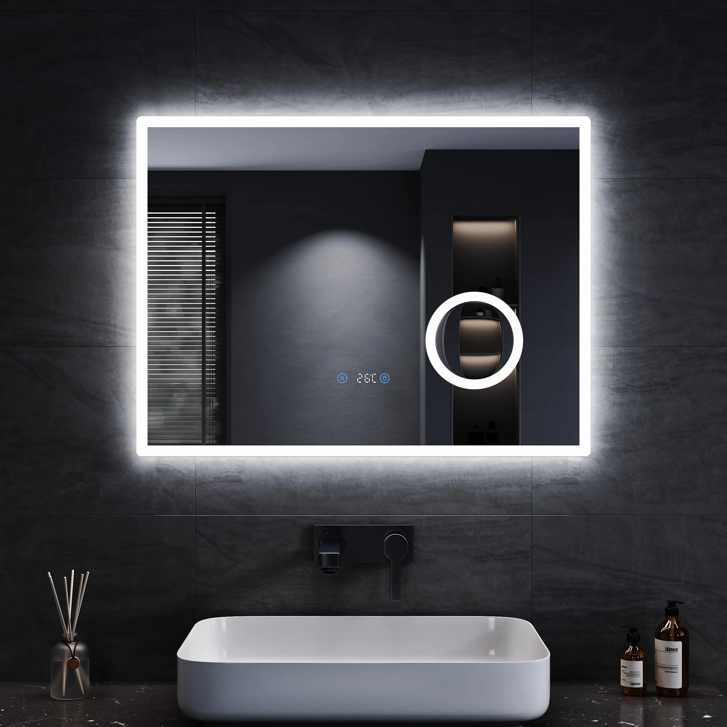 SONNI Lustro łazienkowe z oświetleniem 80x60 cm LED antyzaparowaniowe 3 regulowane kolory światła dotykowe zegar temperatura