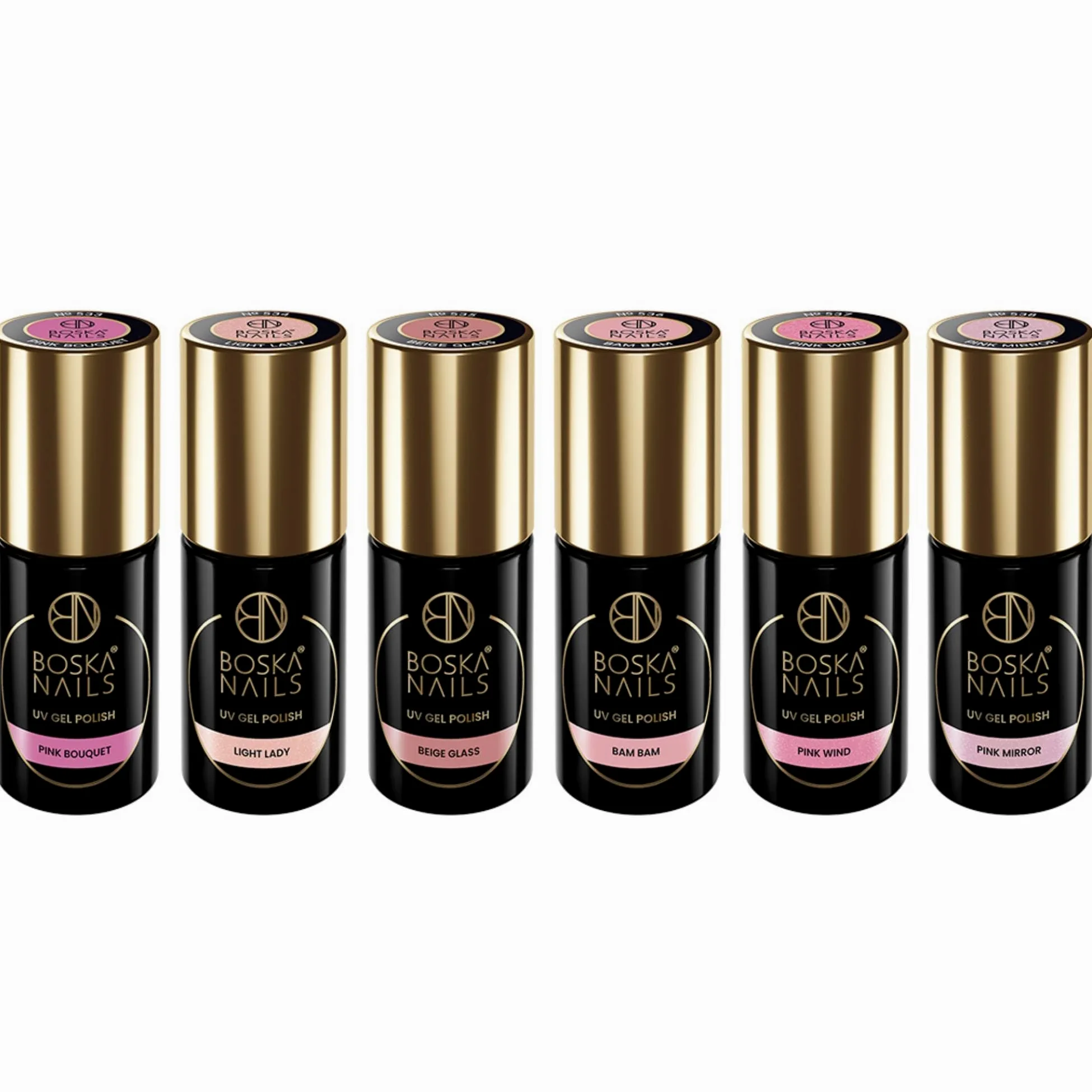 Boska Nails Kolekcja Natural Look hybrydowe lakiery do paznokci, zestaw 6 sztuk, półprzezroczyste w kolorze różowym i beżowym, do UV i LED, po 6 ml
