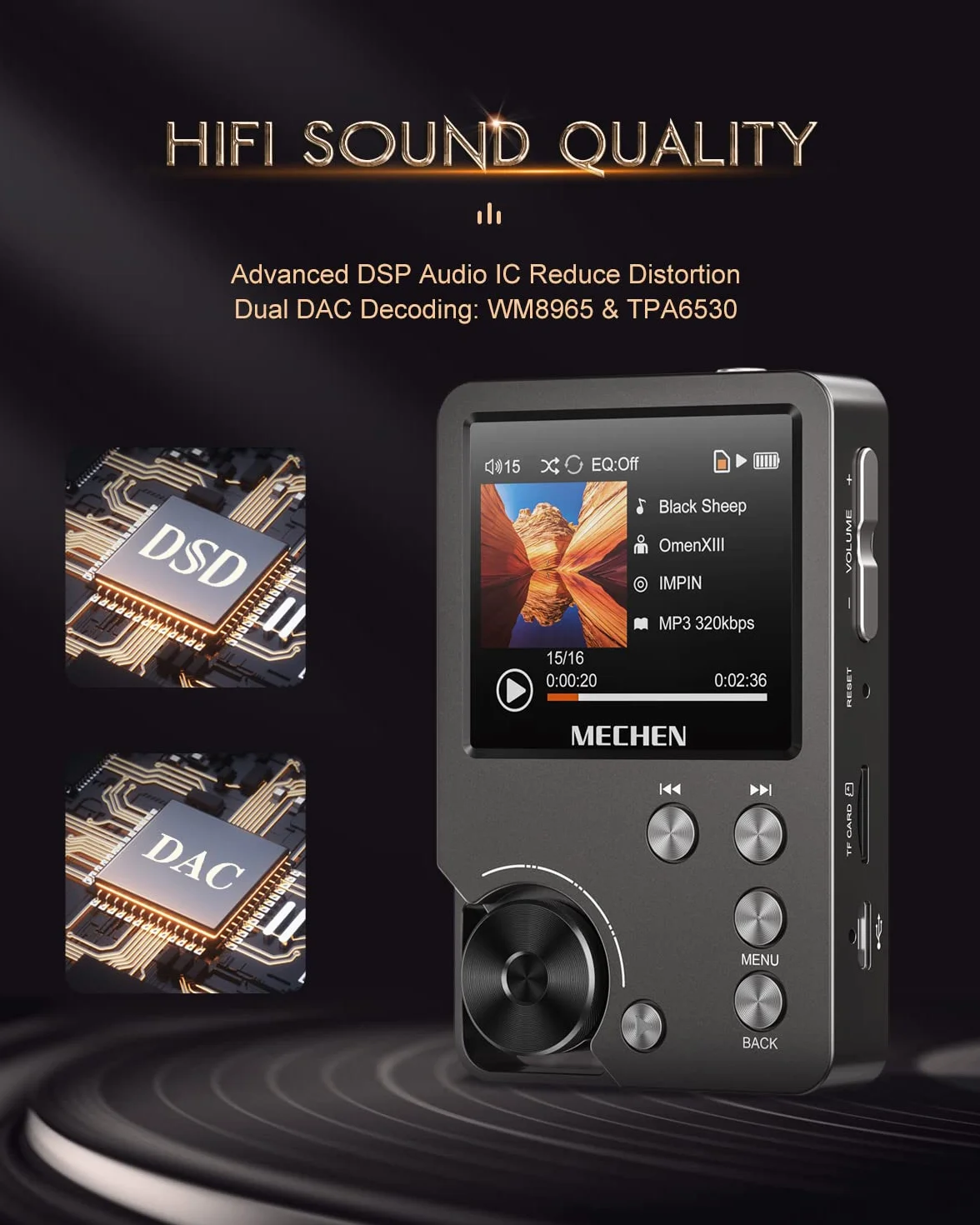 MECHEN Odtwarzacz MP3, HiFi, bezstratne odtwarzanie muzyki, DSD DAC, dźwięk o wysokiej rozdzielczości, 30 godzin ciągłego odtwarzania, z kartą pamięci 64 GB, możliwość rozszerzenia pamięci do 256 GB