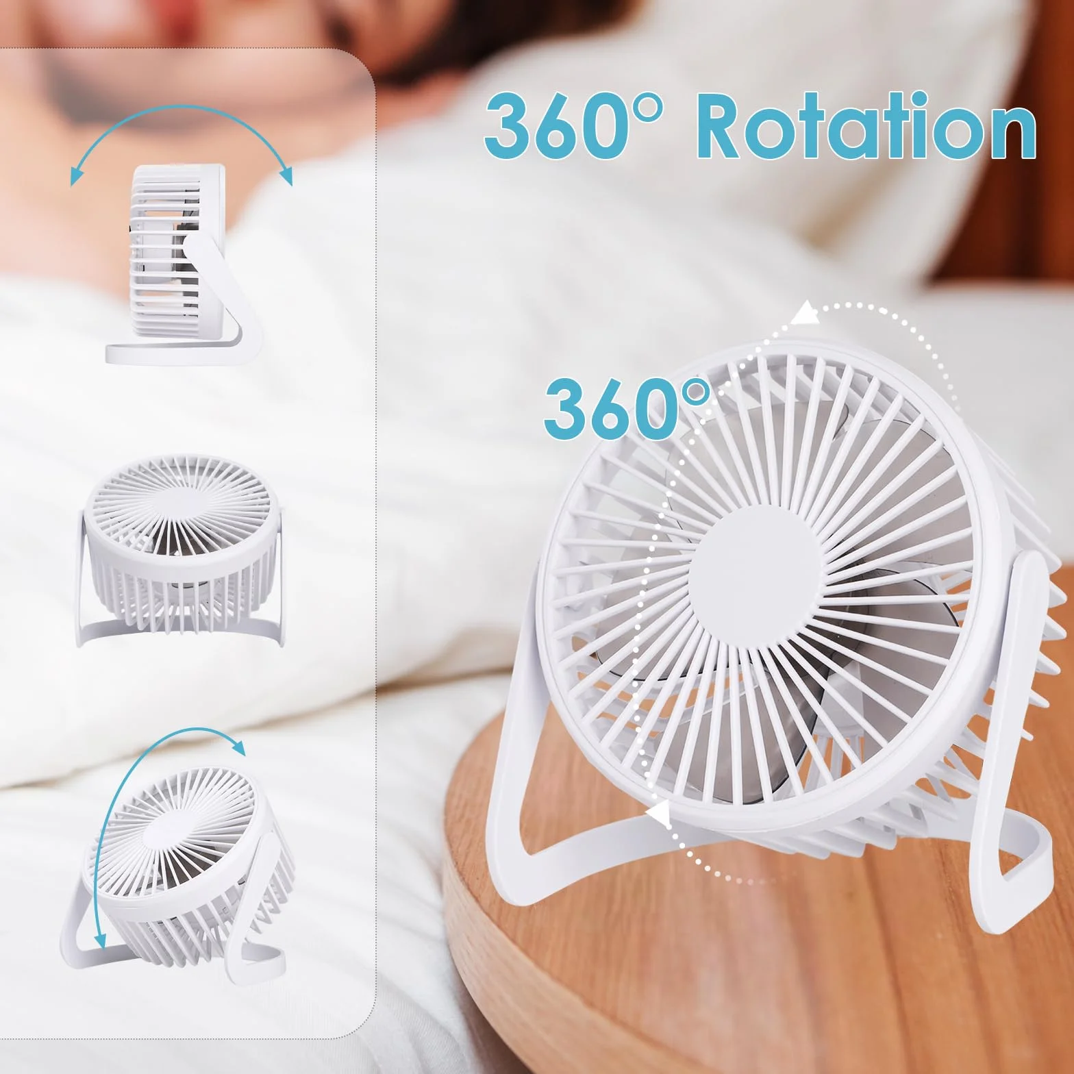 WD&CD Wentylator biurkowy USB, cichy mini wentylator, przenośny, stołowy, do biura, domu, akademika, na podróż, obrót o 360°, energooszczędny, kompaktowy wentylator chłodzący, 13 cm, biały