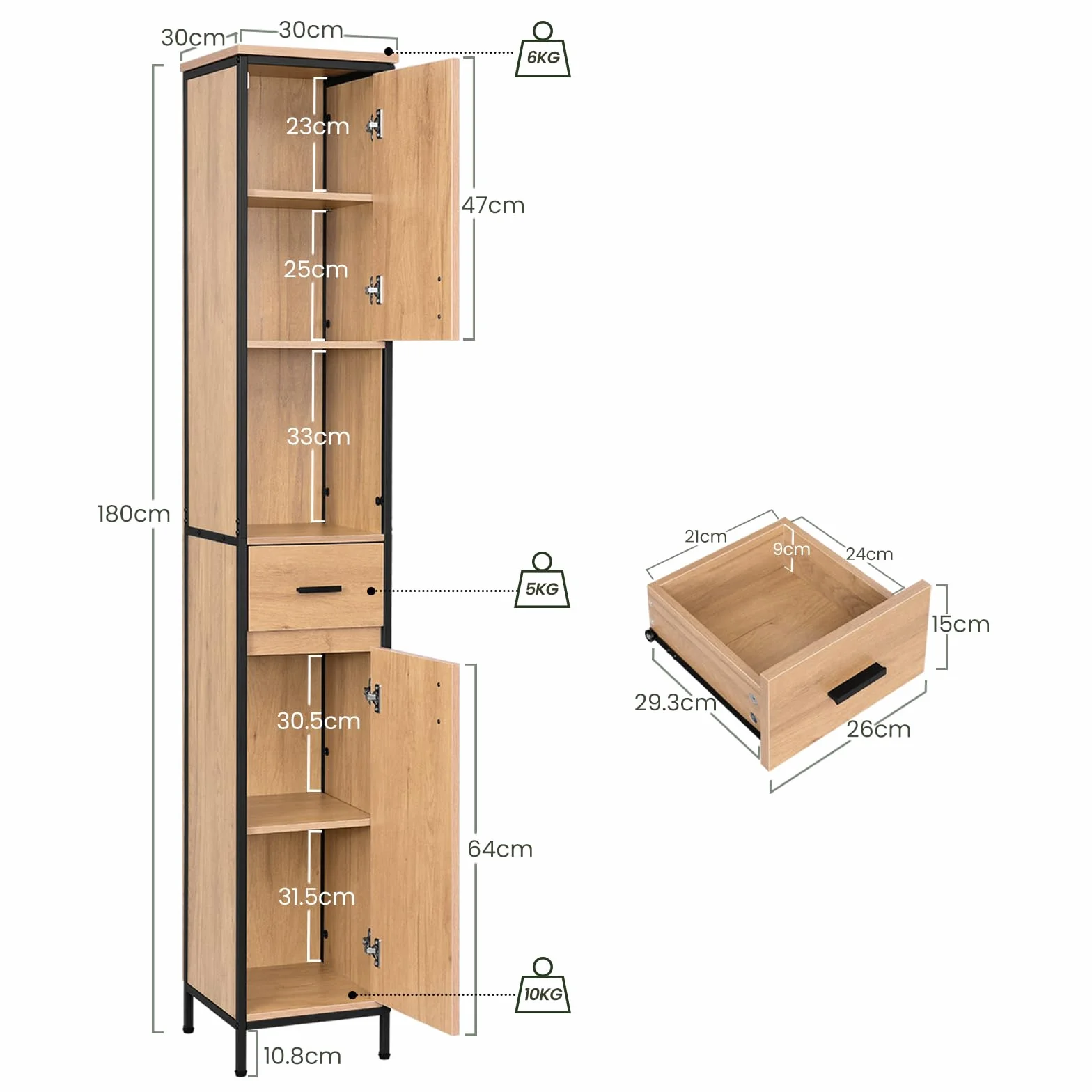 EUGAD szafka łazienkowa stojąca 30x180x30 cm ciemny dąb jasny