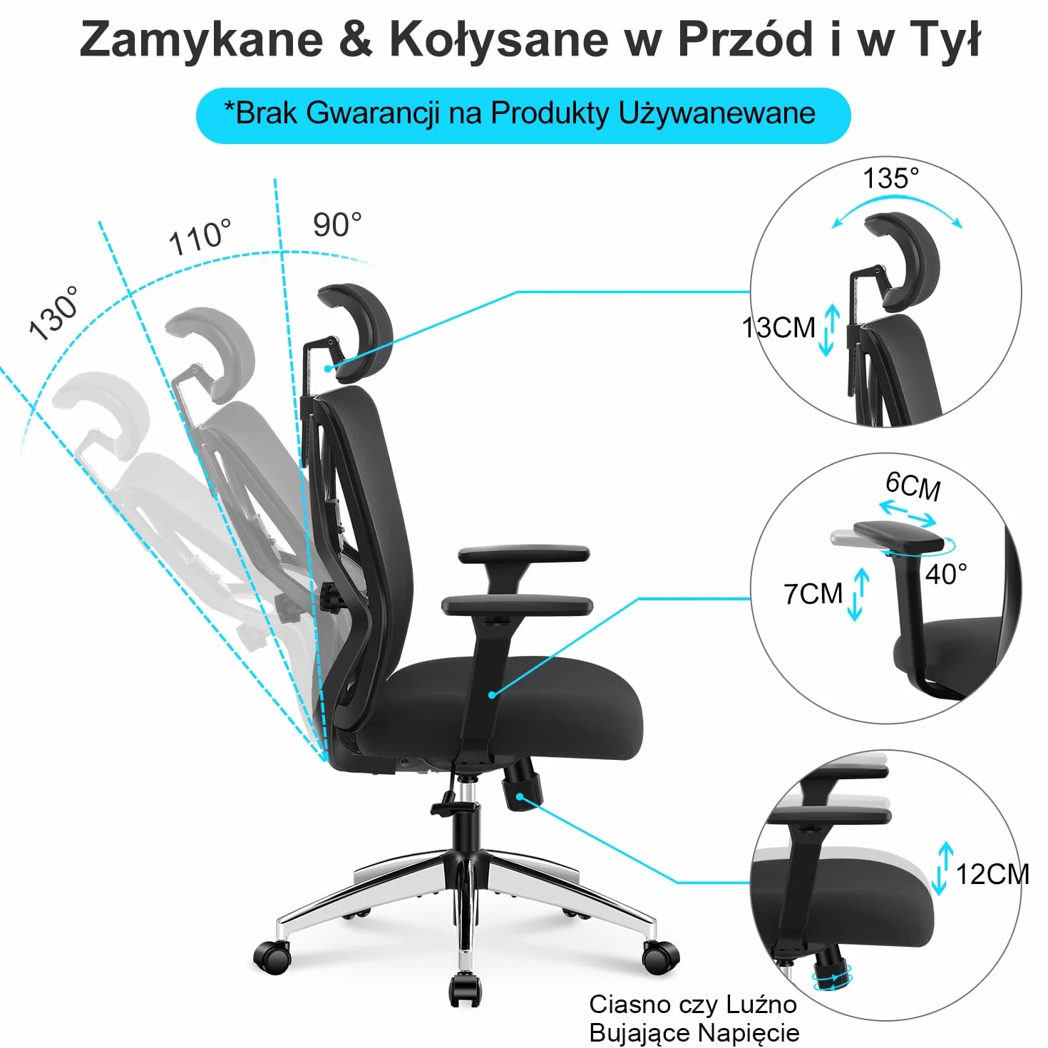Ticova Ergonomiczne krzesło biurowe z wysokim oparciem, regulowanym podparciem lędźwiowym, zagłówkiem i podłokietnikiem 3D