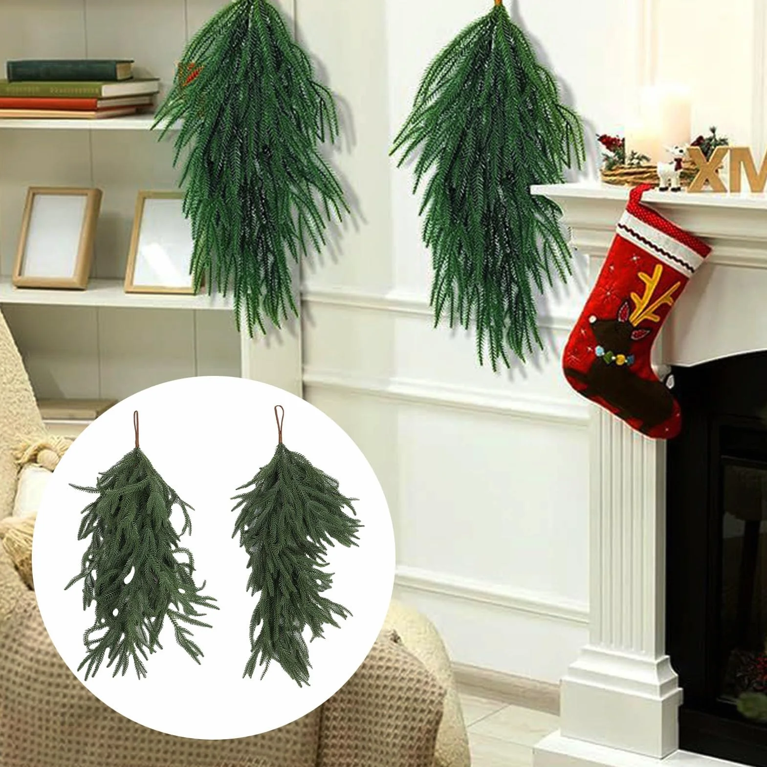 Ausla Norfolk Pine Teardrop Swag, 68 Cm / 26,77 Cali Długości, 2 Sztuki, Zielony Plastik