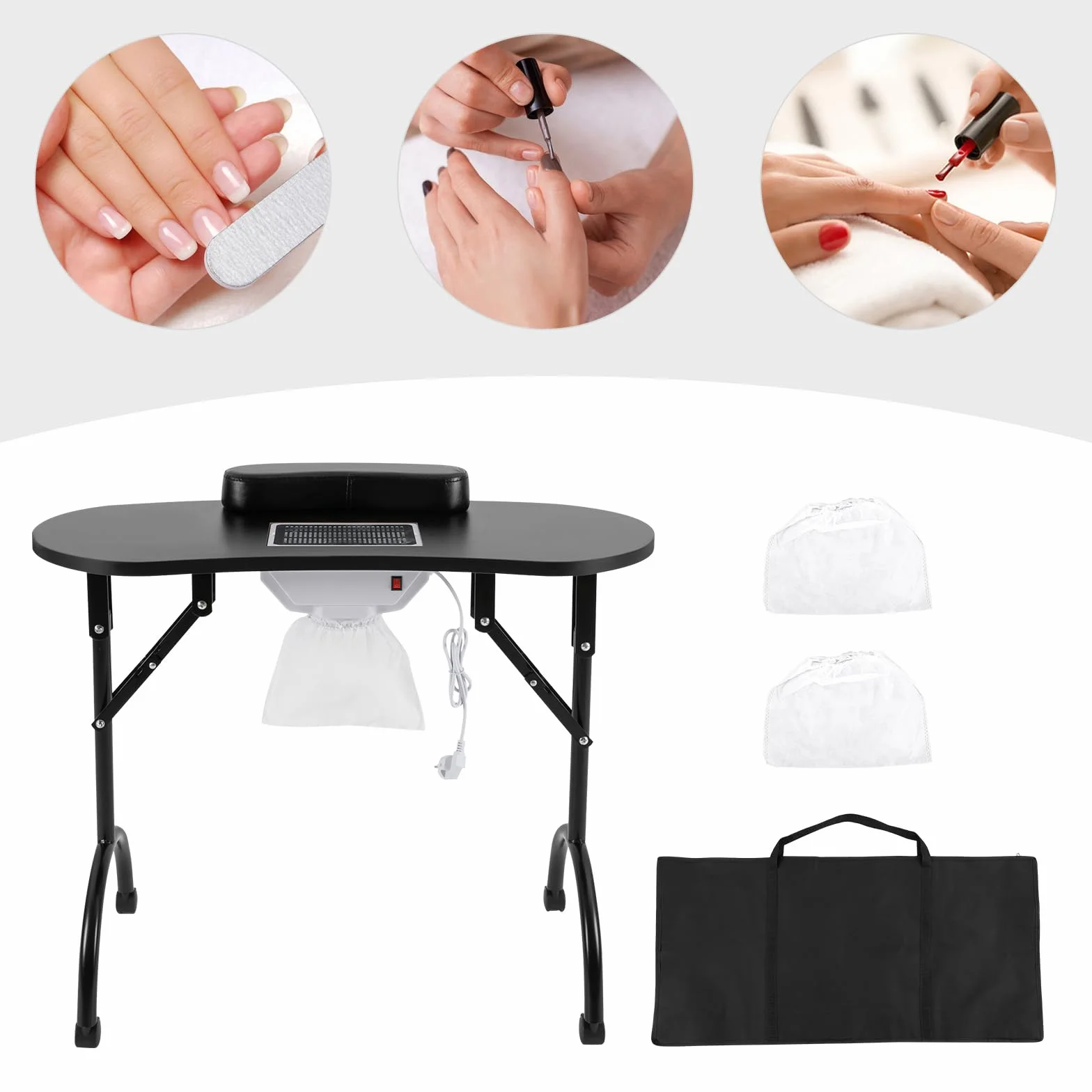 Stół do manicure z przyssawką, składany stolik do manicure z 3 workami do odkurzacza i wodoszczelną torbą do przenoszenia, nośność 30 kg, przenośny stolik do manicure (czarny)