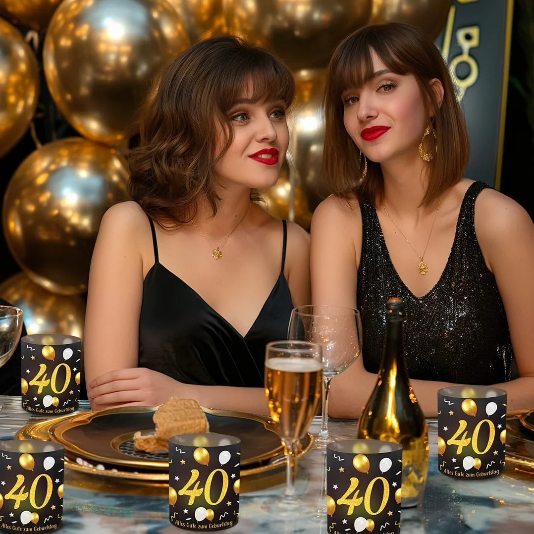 Dekoracja stołu na 40. urodziny, czarno-złote lampiony na świece Happy Birthday