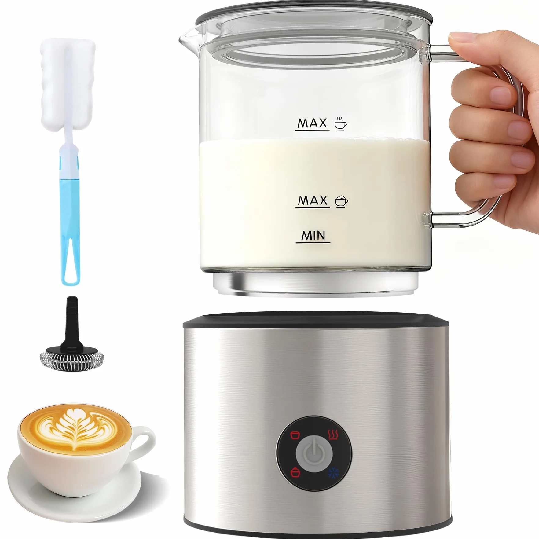 Spieniacz do mleka 4 w 1 500 ml z dzielonym wzorem, automatyczny, szklany kubek do cappuccino