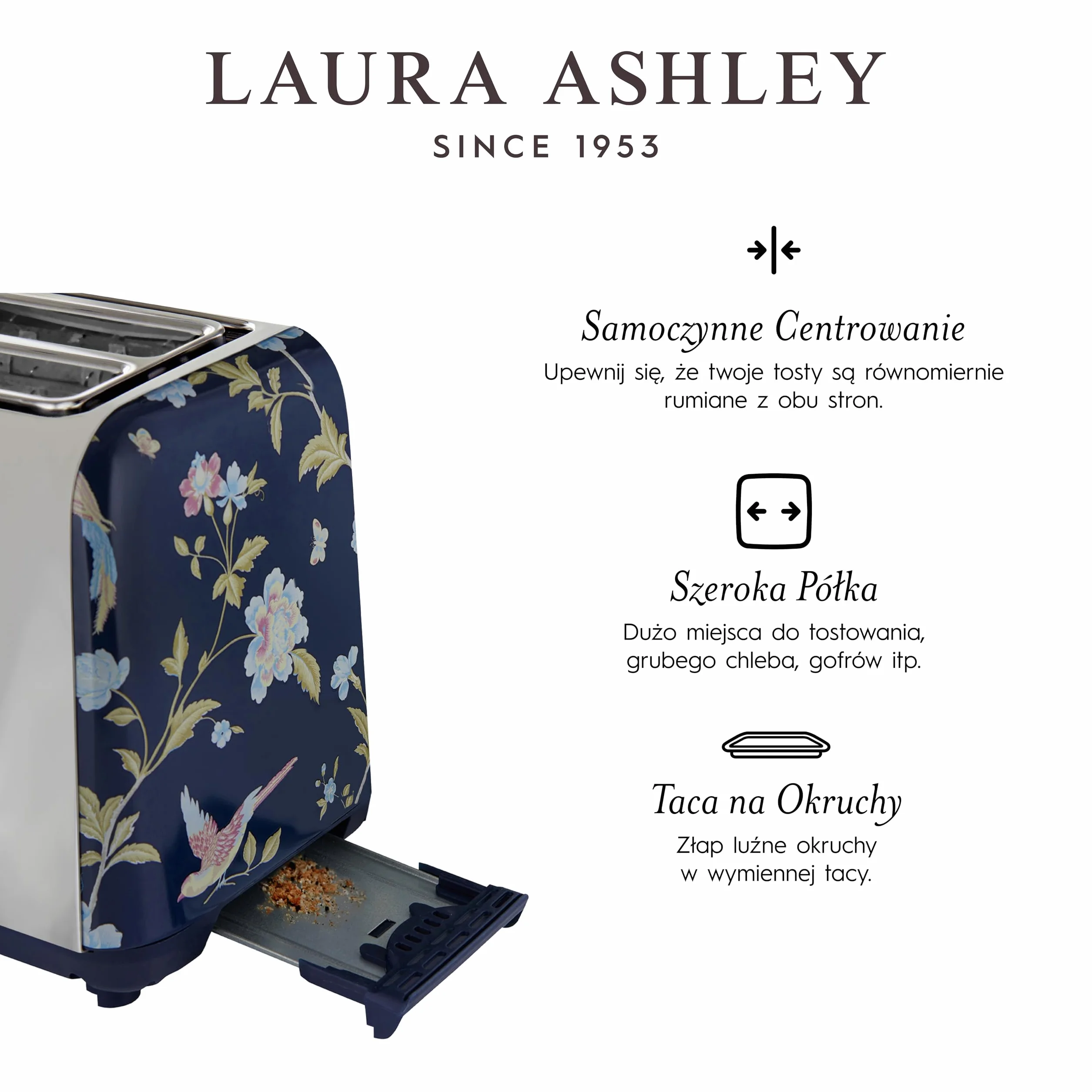 Laura Ashley Toster 2 Kromki z Regulowanym Trybem Podgrzewania, Rozmrażania i Ponownego Podgrzewania Elveden Navy