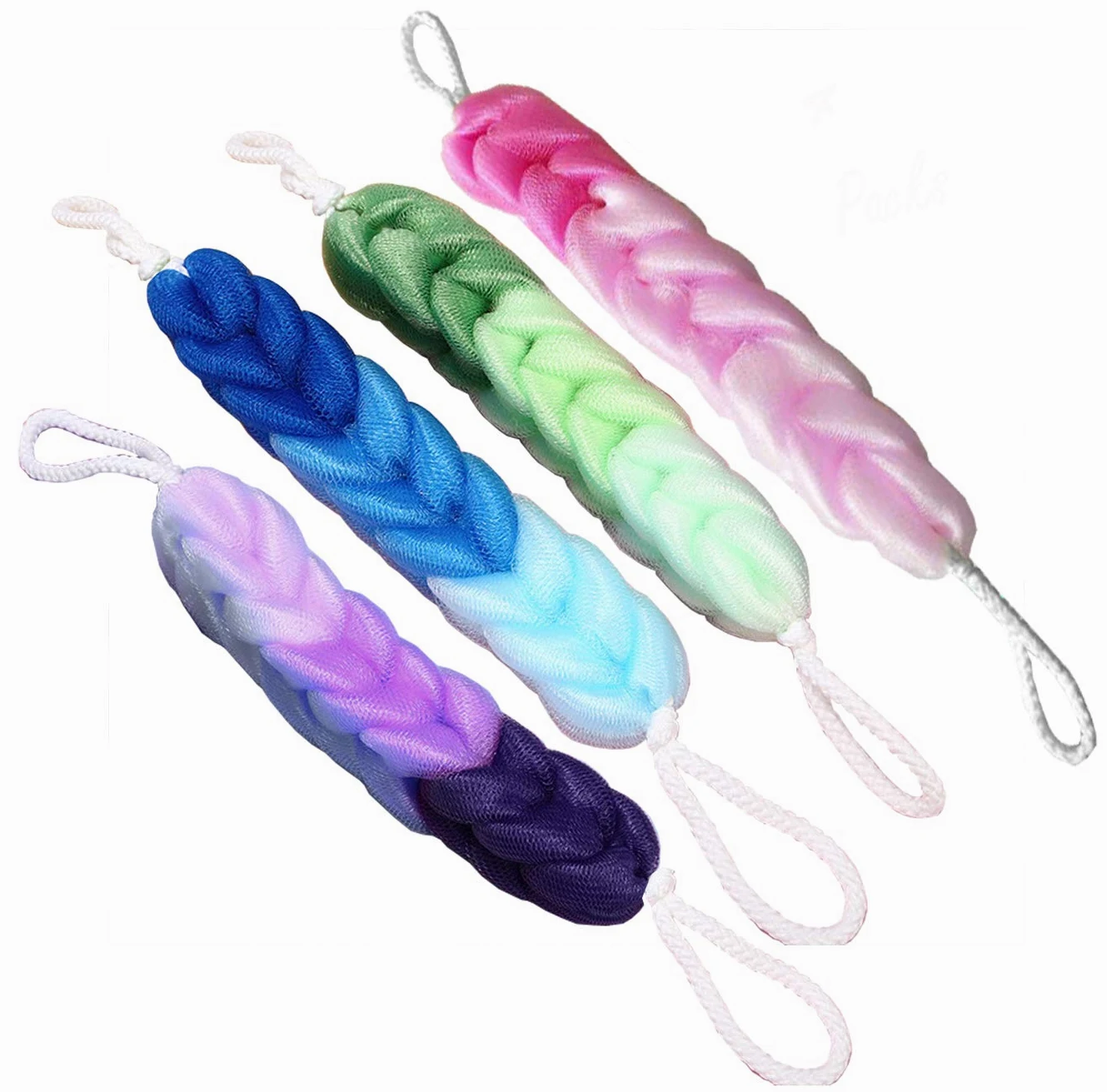 AARainbow 4-pak długich rozciągliwych gąbek do pleców z uchwytami linowymi, gąbki do ciała do kąpieli, pod prysznic, siatkowa gąbka do ciała, głębokie czyszczenie ciała dla mężczyzn i kobiet (kolor