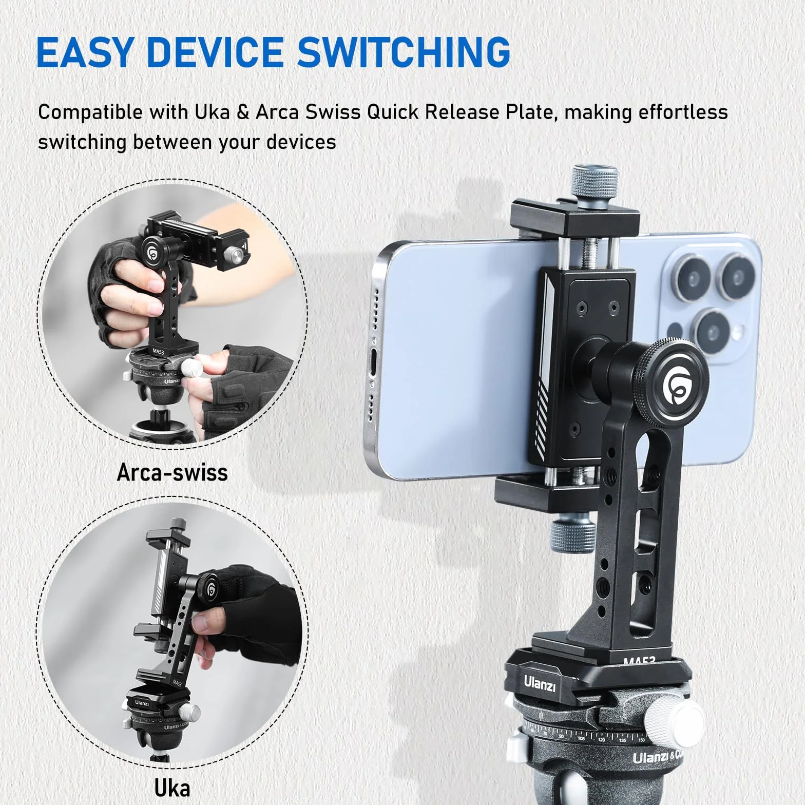 ULANZI MA53 Uchwyt na telefon komórkowy Adapter do statywu z Arca Swiss i Uka, obrót o 360°, adapter do statywu z 1/4" | 3/8" Otwór na smartfony Nagrywanie wideo na żywo