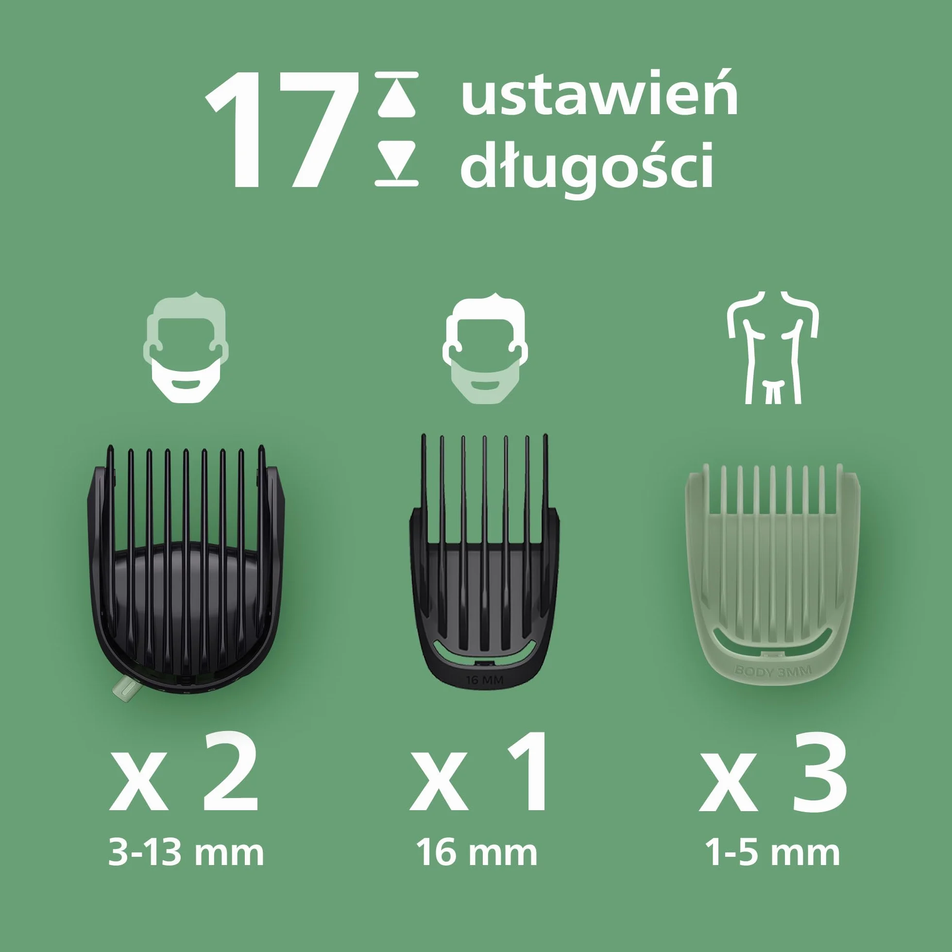 11-elementowy trymer Philips Multigroom All-in-One z serii 5000: trymer do twarzy, głowy i ciała, samoostrzące się metalowe ostrza, 17 ustawień długości (0,5-16 mm), model MG5951/15