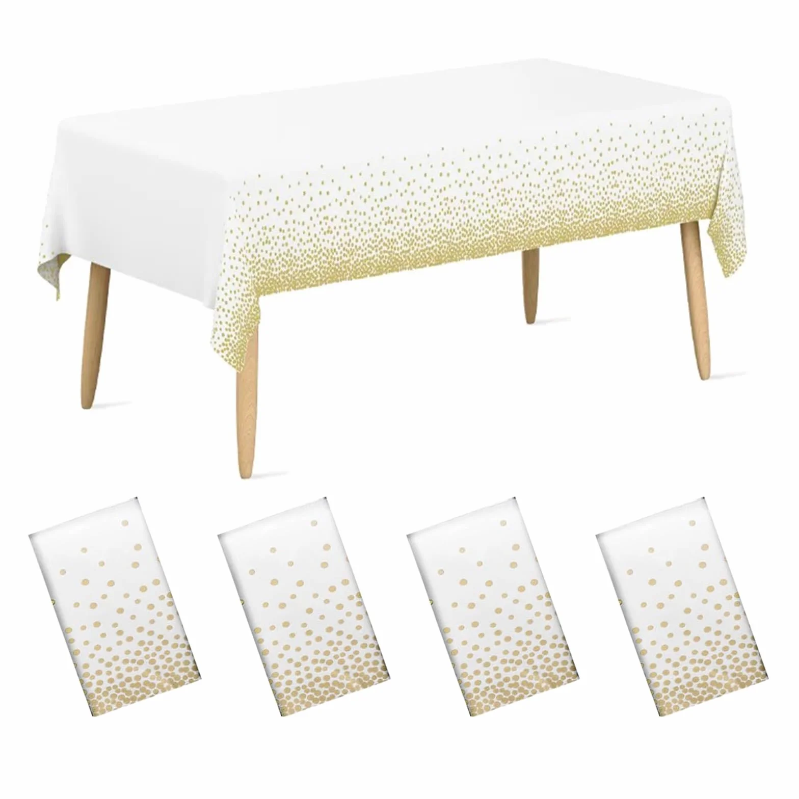 4-pak plastikowych jednorazowych obrusów, 137 x 274 cm, biały i złoty obrus imprezowy w kropki, na ślub, piknik, urodziny, baby shower, zaręczyny, artykuły świąteczne