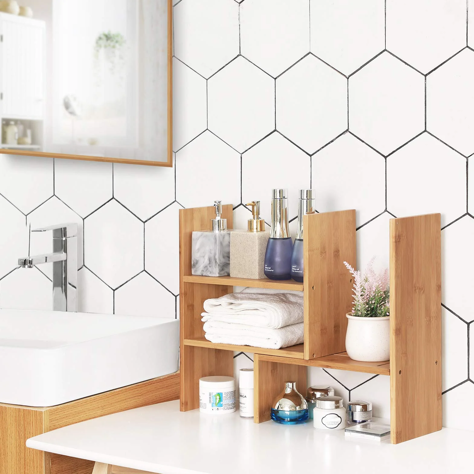 SONGMICS Regulowany System Półek Organizer na Stół Bambusowy OFS45NL