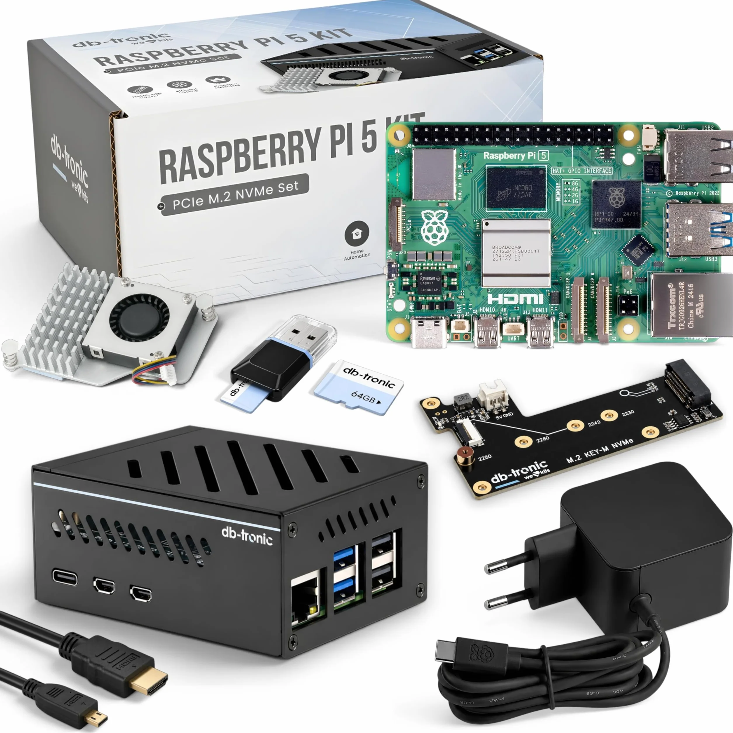 db-tronic NVMe Kit do Raspberry Pi 5 8 GB | Edycja 64 GB | Zasilacz 27 W | Metalowa obudowa | Aktywne chłodzenie | M.2 NVMe PCIe SSD | Micro HDMI 4K | idealny do Home Assistant i smart home
