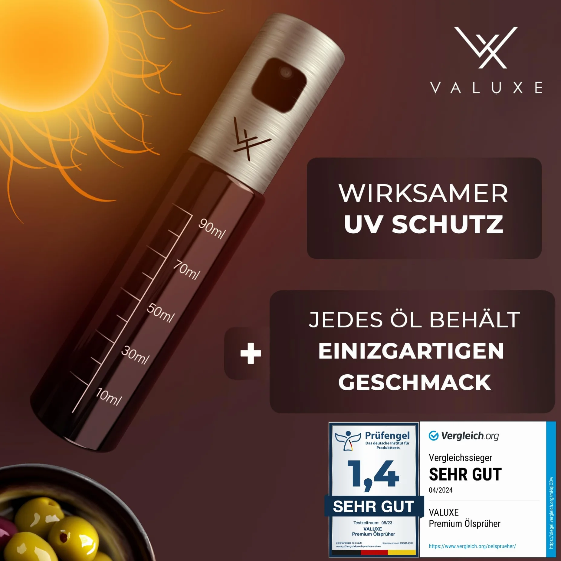 VALUXE Opryskiwacz do Oleju Jadalnego i Octu z Filtrem UV – Butelka ze Stali Nierdzewnej, Precyzyjny Rozpylacz do Oliwy