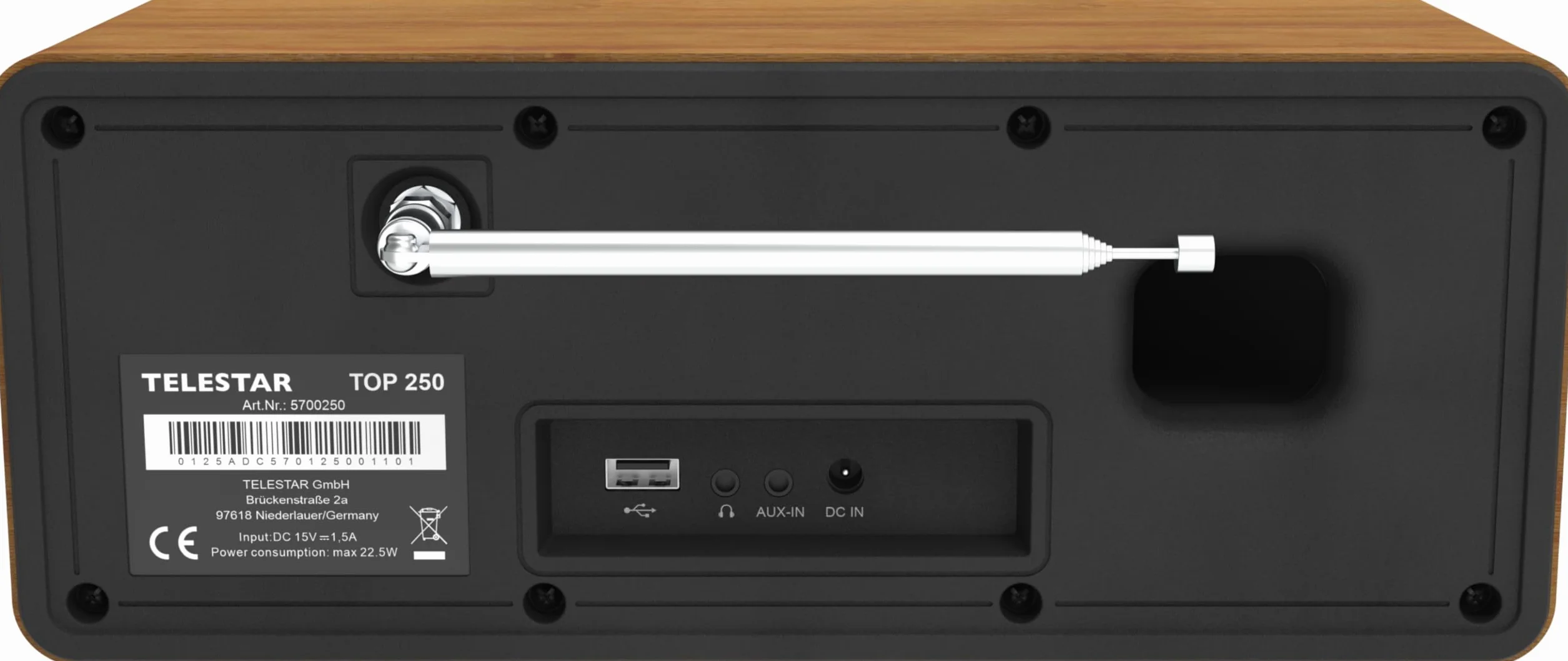 TELESTAR TOP 250 – DAB+/radio internetowe (stereo, 2 × 10 W, funkcja nadawania/odbioru Bluetooth, nagrywanie USB, system alarmowy, sterowanie aplikacją) – drewno