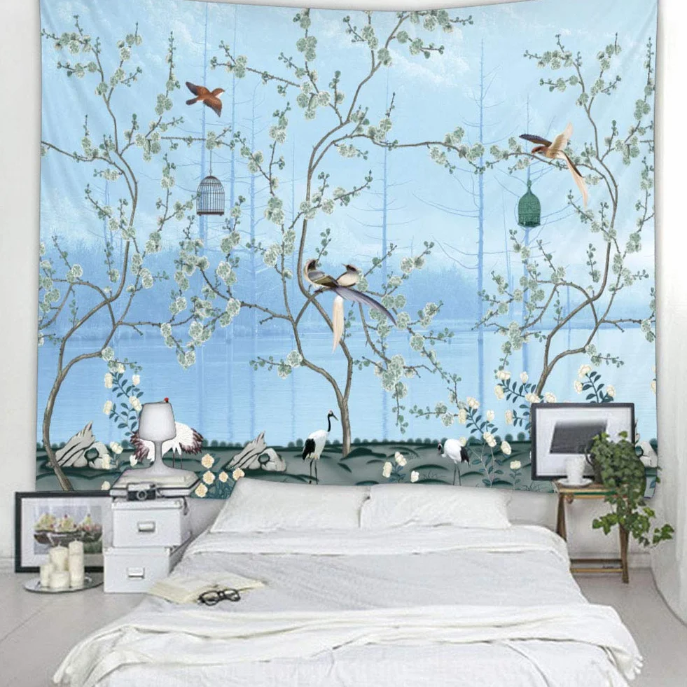 VIFERR Gobelin ścienny boho niebieskie kwiaty ptaki duży dywan ścienny 150 x 200 cm