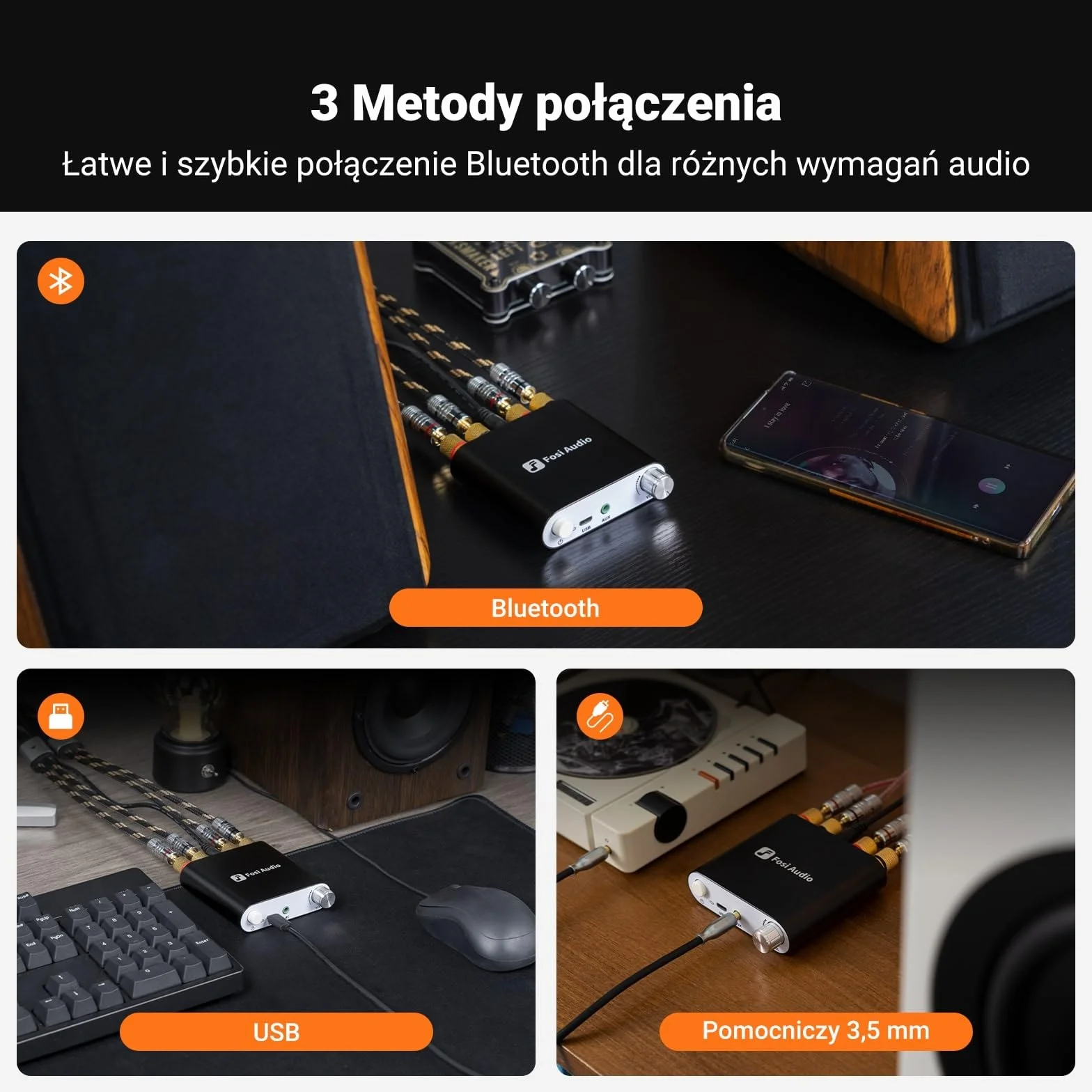 Fosi Audio ZK-1002D Mini Wzmacniacz Audio Bluetooth, Wzmacniacz Stereo HIFI 100 W x2 z Wejściem Bluetooth/AUX/USB, 2-Kanałowy Podwójny Wzmacniacz Mocy TPA3116D2