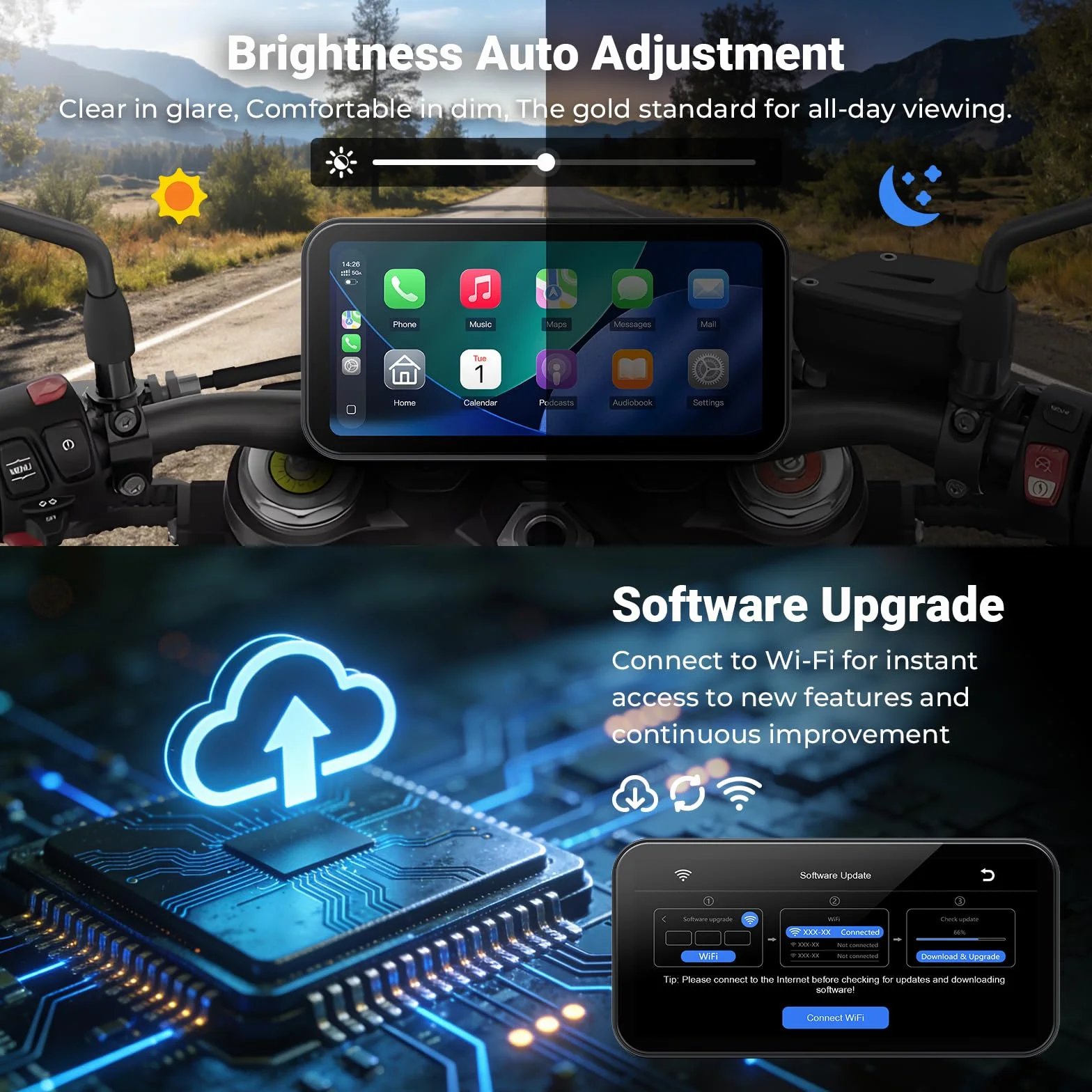 622 bezprzewodowy ekran CarPlay do motocykla, 6" wodoodporny ekran dotykowy z czujnikiem światła, obsługuje bezprzewodowe CarPlay i Android Auto, Bluetooth, nawigacja GPS